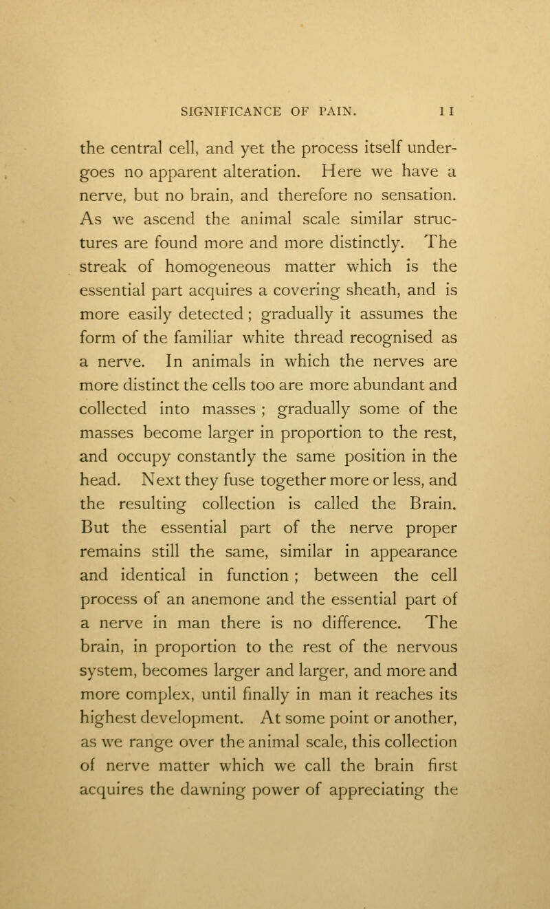 the central cell, and yet the process itself under- goes no apparent alteration. Here we have a nerv^e, but no brain, and therefore no sensation. As we ascend the animal scale similar struc- tures are found more and more distinctly. The streak of homogeneous matter which is the essential part acquires a covering sheath, and is more easily detected; gradually it assumes the form of the familiar white thread recognised as a nerve. In animals in which the nerves are more distinct the cells too are more abundant and collected into masses ; gradually some of the masses become larger in proportion to the rest, and occupy constantly the same position in the head. Next they fuse together more or less, and the resulting collection is called the Brain. But the essential part of the nerve proper remains still the same, similar in appearance and identical in function ; between the cell process of an anemone and the essential part of a nerve in man there is no difference. The brain, in proportion to the rest of the nervous system, becomes larger and larger, and more and more complex, until finally in man it reaches its highest development. At some point or another, as we range over the animal scale, this collection of nerve matter which we call the brain first acquires the dawning power of appreciating the