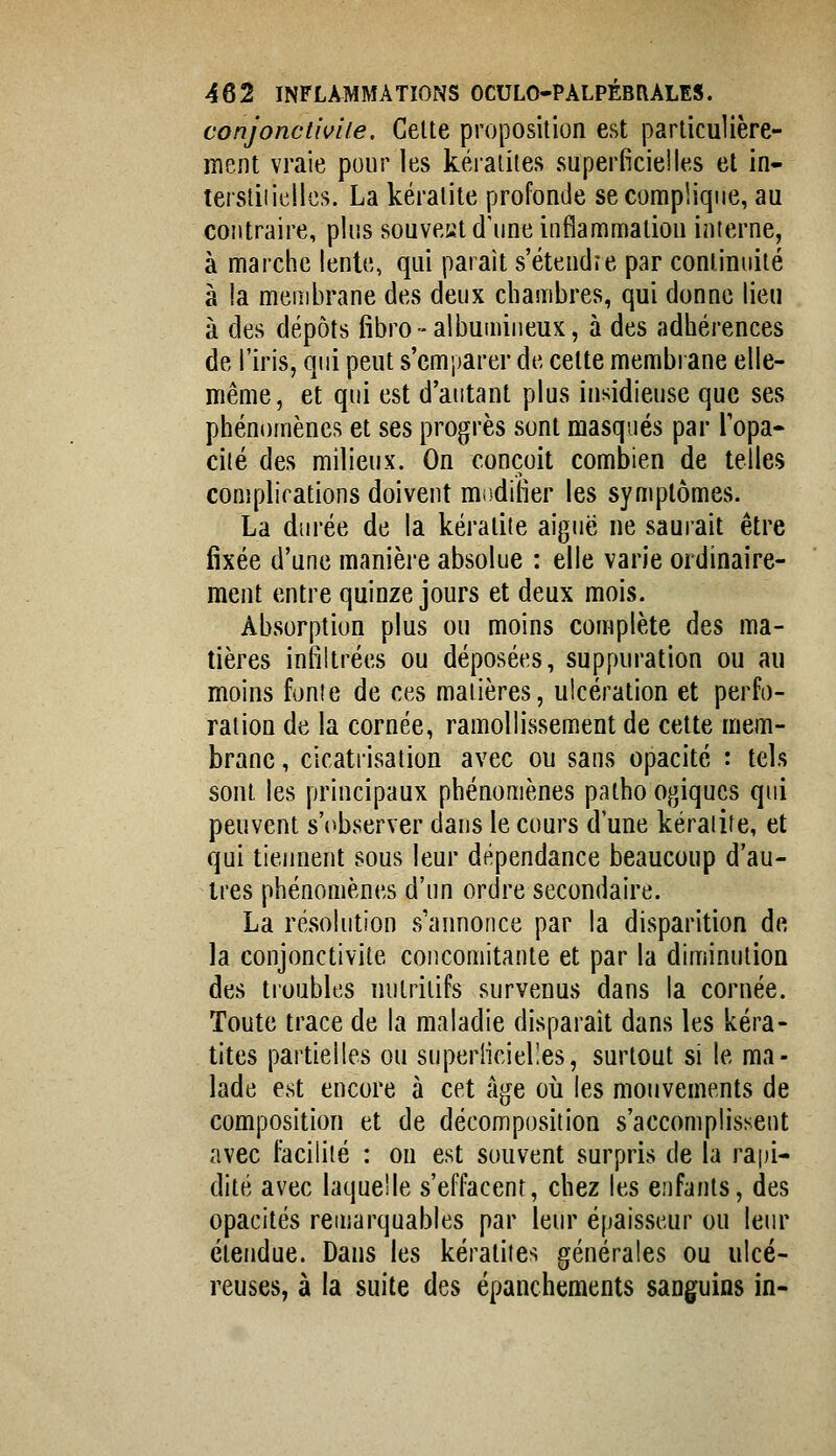 conjoncihiie. Celte proposition est particulière- ment vraie pour les kéiaiiies superficie!les et in- tersliiiellcs. La kéralite profonde se complique, au contraire, plus souvent d'une inflammation inierne, à marche lente, qui parait s'étendre par continuité à la membrane des deux chambres, qui donne lieu à des dépôts fibro-albumiueux, à des adhérences de l'iris, qui peut s'emparer de cette membi ane elle- même, et qui est d'autant plus insidieuse que ses phénomènes et ses progrès sont masqués par Topa» cilé des milieux. On conçoit combien de telles complications doivent mnditier les symptômes. La durée de la kératite aiguë ne saurait être fixée d'une manière absolue : elle varie ordinaire- ment entre quinze jours et deux mois. Absorption plus ou moins complète des ma- tières infiltrées ou déposées, suppuration ou au moins fonie de ces matières, ulcération et perfo- ration de la cornée, ramollissement de cette mem- brane , cicatrisation avec ou sans opacité : tels sont les principaux phénomènes patho ogiqucs qui peuvent s'observer dans le cours d'une kéralite, et qui tiennent sous leur dépendance beaucoup d'au- tres phénomènes d'un ordre secondaire. La résolution s'annonce par la disparition de la conjonctivite concomitante et par la diminution des troubles mitrilifs survenus dans la cornée. Toute trace de la maladie disparait dans les kéra- tites partielles ou superficielles, surtout si le ma- lade est encore à cet âge où les mouvements de composition et de décomposition s'accomplissent avec facilité : ou est souvent surpris de la rapi- dité avec laque'le s'effacent, chez les enfants, des opacités remarquables par leur épaisseur ou leur étendue. Dans les kératites générales ou ulcé- reuses, à la suite des épanchements sanguins in-