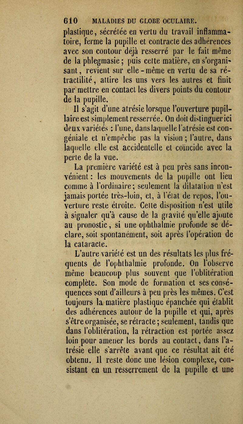 plastique, sécrétée en vertu du travail inflamma- toire, ferme la pupille et contracte des adhérences avec son contour déjà resserré par le fait même de la phlegmasie ; puis cette matière, en s'organi* sant, revient sur elle-même en vertu de sa ré- tractilité, attire les uns vers les autres et finit par mettre en contact les divers points du contour de la pupille. Il s'agit d'une atrésie lorsque l'ouverture pupil- laire est simplement resserrée. On doit distinguer ici deux variétés : l'une, dans laquelle l'atrésie est con- géniale et n'empêche pas la vision; l'autre, dans laquelle elle est accidentelle et coïncide avec la perte de la vue. La première variété est à peu près sans incon- vénient : les mouvements de la pupille ont lieu comme à l'ordinaire; seulement la dilatation n'est jamais portée très-loin, et, à Téiat de repos, l'ou- verture reste étroite. Celle disposition n'est utile à signaler qu'à cause de la gravité qu'elle ajoute au pronostic, si une ophthalmie profonde se dé- clare, soit spontanément, soit après l'opération de la cataiacte. L'autre variéié est un des résultats les plus fré- quents de l'ofifathalmie profonde. On l'observe même beaucoup plus souvent que l'oblitération complète. Son mode de formation et ses consé- quences sont d'ailleurs à peu près les mêmes. C'est toujours la matière plastique épanchée qui établit des adhérences autour de la pupille et qui, après s'être organisée, se rétracte ; seulement, tandis que dans l'oblitération, la rétraction est portée assez loin pour amener les bords au contact, dans l'a- trésie elle s'arrête avant que ce résultat ait été obtenu. Il reste donc une lésion complexe, con- sistant eu un resserrement de la pupille et une