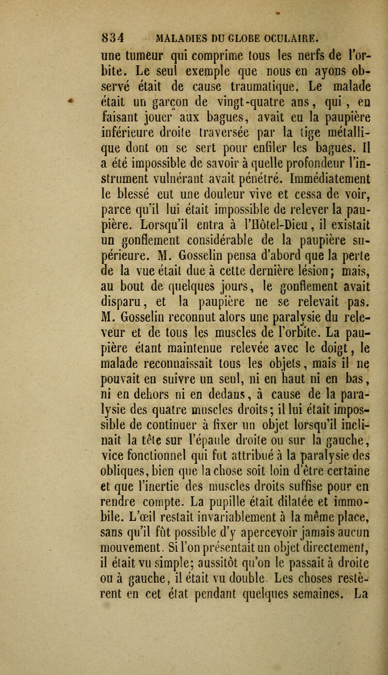 une tumeur qui comprime tous les nerfs de l'or- bite. Le seul exemple que nous en ayons ob- servé était de cause traumalique. Le malade était un garçon de vingt-quatre ans, qui, en faisant jouer aux bagues, avait eu la paupière inférieure droite traversée par la iige métalli- que dont on se sert pour enfiler les bagues. Il a été impossible de savoir à quelle profondeur l'in- strument vulnérant avait pénétré. Immédiatement le blessé eut une douleur vive et cessa de voir, parce qu'il lui était impossible de relever la pau- pière. Lorsqu'il entra à l'Hôtel-Dieu, il existait un gonflement considérable de la paupière su- périeure. M. Gosselin pensa d'abord que la perle de la vue était due à cette dernière lésion ; mais, au bout de quelques jours, le gonflement avait disparu, et la paupière ne se relevait pas. M. Gosselin reconnut alors une paralysie du rele- veur et de tous les muscles de Torbite. La pau- pière étant maintenue relevée avec le doigt, le malade reconnaissait tous les objets, mais il ne pouvait en suivre un seul, ni en haut ni en bas, ni en dehors ni en dedans, à cause de la para- lysie des quatre muscles droits; il lui était impos- sible de continuer à fixer un objet lorsqu'il incli- nait la tête sur l'épaule droite ou sur la gauche, vice fonctionnel qui fut attribué à la paralysie des obliques, bien que la chose soit loin d'être certaine et que l'inertie des muscles droits suffise pour en rendre compte. La pupille était dilatée et immo- bile. L'œil restait invariablement à la même place, sans qu'il fut possible d'y apercevoir jamais aucun mouvement. Si l'on présentait un objet directement, il était vu simple; aussitôt qu'on le passait à droite ou à gauche, il était vu double Les choses restè- rent en cet état pendant quelques semaines. La