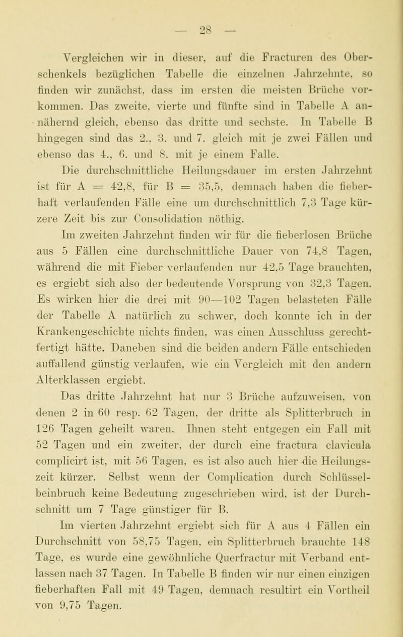 Vergleichen wir in dieser, auf die Fracturen des Ober- schenkels bezüglichen Tabelle die einzelnen Jahrzehnte, so finden wir zunächst, dass im ersten die meisten Brüche vor- kouinien. Das zweite, vierte und fünfte sind in Tabelle A an- nähernd gleich, ebenso das dritte und sechste. In Tabelle B hingegen sind das 2., 3. und 7. gleich mit je zwei Fällen und ebenso das 4., 6. und 8. mit je einem Falle. Die durchschnittliche Heilungsdauer im ersten Jahrzehnt ist für A = 42.8, für B = 35.5, demnach haben die fieber- haft verlaufenden Fälle eine um durchschnittlich 7,3 Tage kür- zere Zeit bis zur Consolidation nöthig. Im zweiten Jahrzehnt finden wir für die fieberlosen Brüche aus 5 Fällen eine durchschnittliche Dauer von 74,8 Tagen, während die mit Fieber verlaufenden nur 42.5 Tage brauchten, es ergiebt sich also der bedeutende Vorsprang von 32,3 Tagen. Es wirken hier die drei mit 90—102 Tagen belasteten Fälle der Tabelle A natürlich zu schw'er, doch konnte ich in der Krankengeschichte nichts finden, was einen Ausschluss gerecht- fertigt hätte. Daneben sind die beiden andern Fälle entschieden auffallend günstig verlaufen, wie ein Vergleich mit den andern Alterklassen ergiebt. Das dritte Jahrzehnt hat nur 3 Brüche aufzuweisen, von denen 2 in 60 resp. 62 Tagen, der dritte als Splitterbruch in 126 Tagen geheilt waren. Ihnen steht entgegen ein Fall mit 52 Tagen und ein zweiter, der durch eine fractura clavicula complicirt ist, mit 5(i Tagen, es ist also auch hier die Heilungs- zeit kürzer. Selbst wenn der Complication durch Schlüssel- beinbruch keine Bedeutung zugeschrieben wird, ist der Durch- schnitt um 7 Tage günstiger für B. Im vierten Jahrzehnt ergiebt sich für A aus 4 Fällen ein Durchschnitt von 58,75 Tagen, ein Splitterltruch brauchte 148 Tage, es wurde eine gewöhnliche Querfractur mit Verband ent- lassen nach 37 Tagen. In Tabelle B finden wii- mn- einen einzigen fieberhaften Fall mit 49 Tagen, demnach resultirt ein Vortheil von 9,75 Tagen.