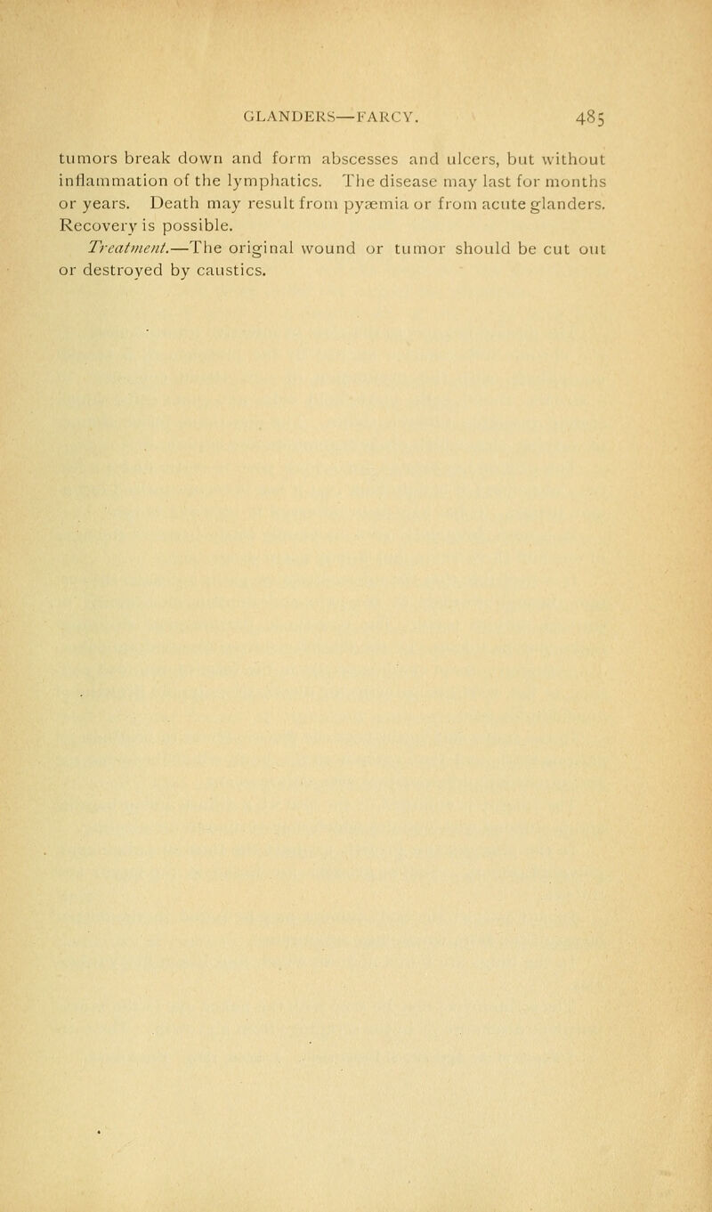 tumors break down and form abscesses and ulcers, but without inflammation of the lymphatics. The disease may last for months or years. Death may result from pyaemia or from acute glanders. Recovery is possible. Treatment.—The original wound or tumor should be cut out or destroyed by caustics.