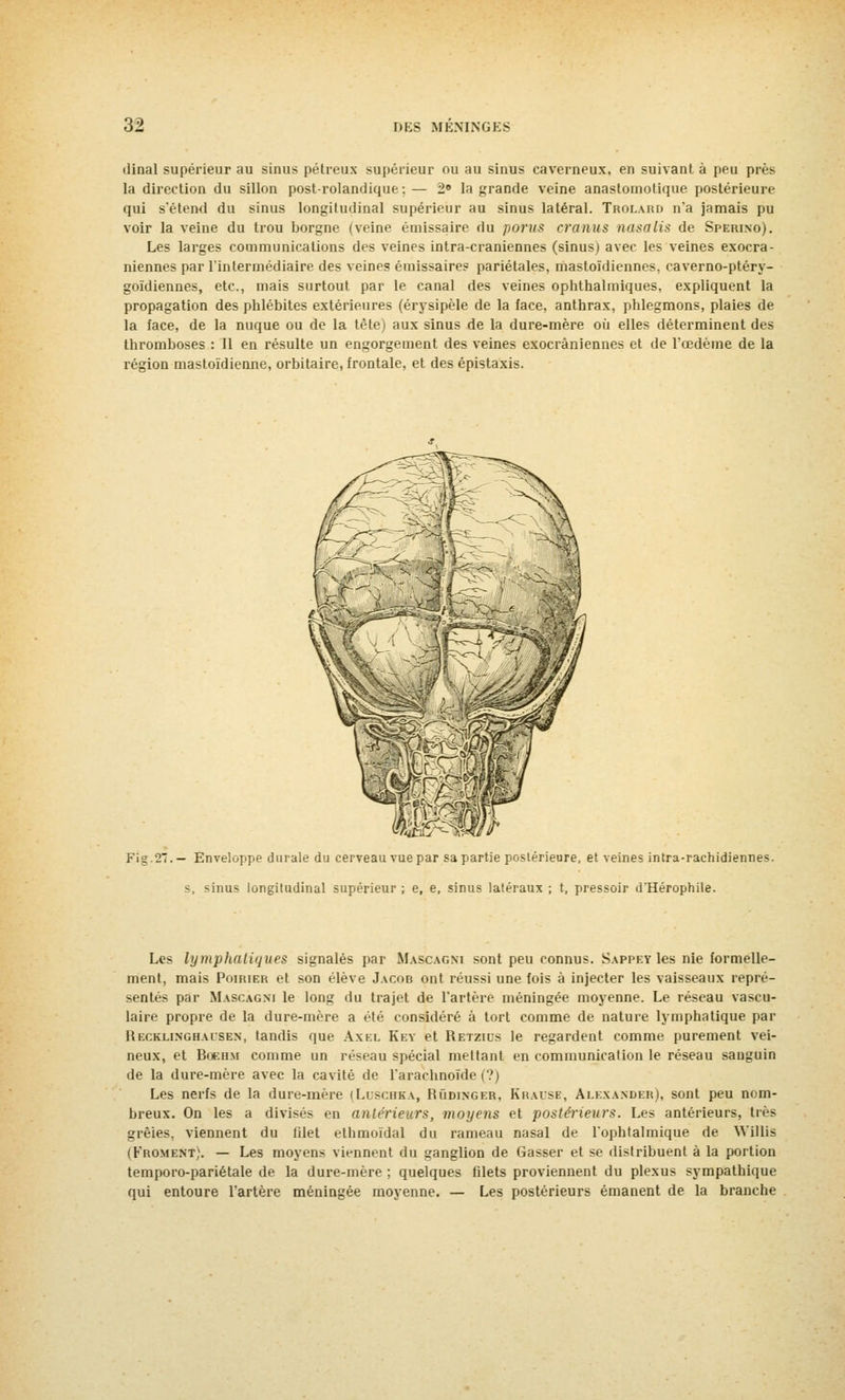 dinal supérieur au sinus pétreux supérieur ou au sinus caverneux, en suivant à peu près la direction du sillon post-rolandique;— 2° la grande veine anastoinotique postérieure qui s'étend du sinus longitudinal supérieur au sinus latéral. Trolard n*a jamais pu voir la veine du trou borgne (veine émissaire du porus cranus nasalis de Sperino). Les larges communications des veines intra-craniennes (sinus) avec les veines exocra- niennes par l'intermédiaire des veines émissaire? pariétales, mastoïdiennes, caverno-ptéry- goïdiennes, etc., mais surtout par le canal des veines ophthalmiques, expliquent la propagation des phlébites extérieures (érysipèle de la face, anthrax, phlegmons, plaies de la face, de la nuque ou de la tête) aux sinus de la dure-mère où elles déterminent des thromboses : Il en résulte un engorgement des veines exocràniennes et de l'œdème de la région mastoïdienne, orbitaire, frontale, et des épistaxis. Fig.2.— Enveloppe durale du cerveau vue par sa partie postérieure, et veines intra-rachidiennes. s, sinus longitudinal supérieur ; e, e, sinus latéraux ; t, pressoir d'Hérophile. Les lymphatiques signalés par Mascagni sont peu connus. Sappey les nie formelle- ment, mais Poirier et son élève Jacob ont réussi une fois à injecter les vaisseaux repré- sentes par Mascagni le long du trajet de l'artère méningée moyenne. Le réseau vascu- laire propre de la dure-mère a été considéré à tort comme de nature lymphatique par Recklinghaisen, tandis que Axel Key et Retzils le regardent comme purement vei- neux, et Boeii.m comme un réseau spécial mettant en communication le réseau sanguin de la dure-mère avec la cavité de l'arachnoïde (?) Les nerfs de la dure-mère (Luschka, Rûdinger, Krausb, Alexander), sont peu nom- breux. On les a divisés en antérieurs, moyens et postérieurs. Les antérieurs, très grêles, viennent du iilet ethmoïdal du rameau nasal de l'ophtalmique de Willis (Froment;. — Les moyens viennent du ganglion de Gasser et se distribuent à la portion temporo-pariétale de la dure-mère ; quelques filets proviennent du plexus sympathique qui entoure l'artère méningée moyenne. — Les postérieurs émanent de la branche