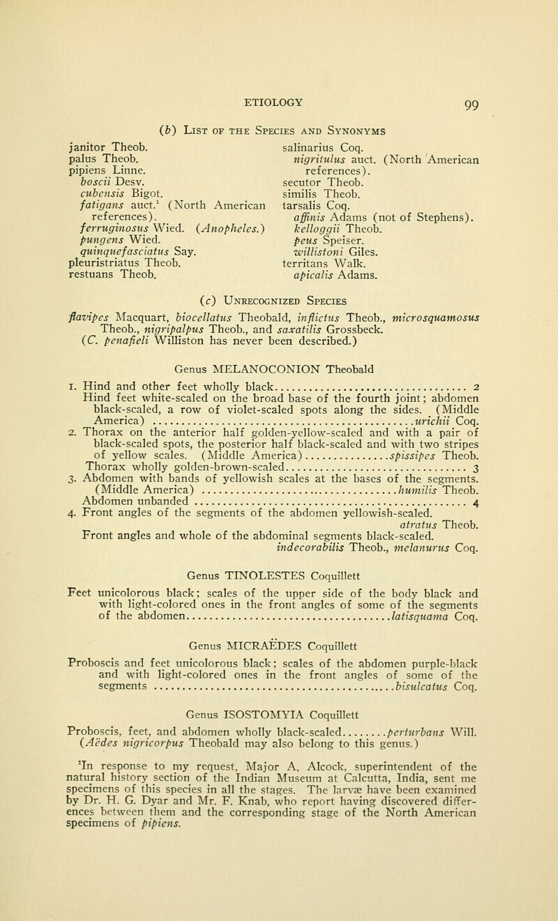 (b) List of the Species and Synonyms janitor Theob. salinarius Coq. palus Theob. nigritulus auct. (North American pipiens Linne. references). boscii Desv. secutor Theob. cubensis Bigot. similis Theob. fatigans auct.1 (North American tarsalis Coq. references). affinis Adams (not of Stephens). ferruginosus Wied. {Anopheles.) kelloggii Theob. pungens Wied. peus Speiser. quinquefasciatus Say. willistoni Giles, pleuristriatus Theob. territans Walk, restuans Theob. apicalis Adams. (c) Unrecognized Species flavipes Macquart, biocellatus Theobald, inflictus Theob., microsquamosus Theob., nigripalpus Theob., and saxatilis Grossbeck. (C. penafieli Williston has never been described.) Genus MELANOCONION Theobald 1. Hind and other feet wholly black 2 Hind feet white-scaled on the broad base of the fourth joint; abdomen black-scaled, a row of violet-scaled spots along the sides. (Middle America) urichii Coq. 2. Thorax on the anterior half golden-yellow-scaled and with a pair of black-scaled spots, the posterior half black-scaled and with two stripes of yellow scales. (Middle America) spissipes Theob. Thorax wholly golden-brown-scaled 3 3. Abdomen with bands of yellowish scales at the bases of the segments. (Middle America) humilis Theob. Abdomen unhanded 4 4. Front angles of the segments of the abdomen yellowish-scaled. atratus Theob. Front angles and whole of the abdominal segments black-scaled. indecorabilis Theob., melanurus Coq. Genus TINOLESTES Coquillett Feet unicolorous black; scales of the upper side of the body black and with light-colored ones in the front angles of some of the segments of the abdomen latisquama Coq. Genus MICRAEDES Coquillett Proboscis and feet unicolorous black; scales of the abdomen purple-black and with light-colored ones in the front angles of some of the segments bisulcatus Coq. Genus ISOSTOMYIA Coquillett Proboscis, feet, and abdomen wholly black-scaled pcrturbans Will. (Aedes nigricorpus Theobald may also belong to this genus.) 'In response to my request, Major A. Alcock, superintendent of the natural history section of the Indian Museum at Calcutta, India, sent me specimens of this species in all the stages. The larvae have been examined by Dr. H. G. Dyar and Mr. F. Knab, who report having discovered differ- ences between them and the corresponding stage of the North American specimens of pipiens.