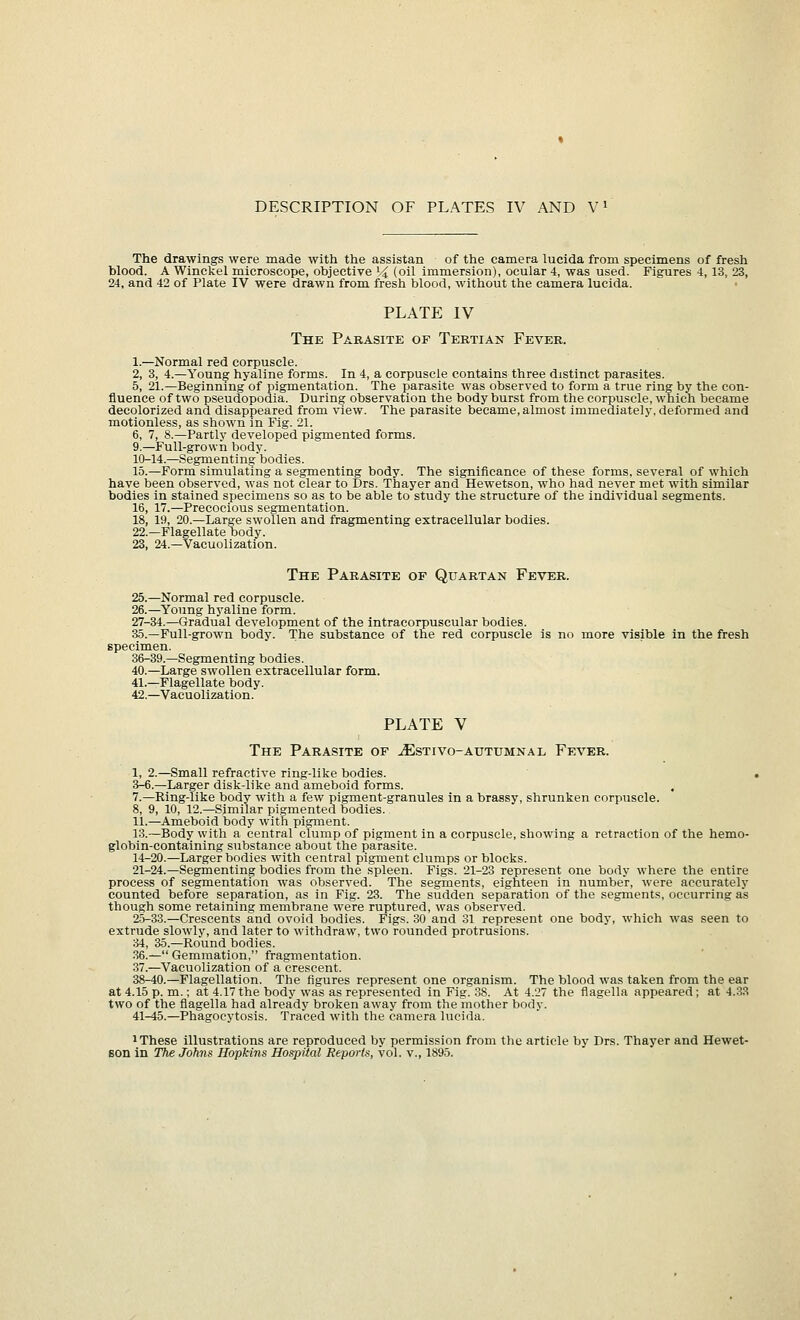 DESCRIPTION OF PLATES IV AND V1 The drawings were made with the assistan of the camera lucida from specimens of fresh Mood. A Winckel microscope, objective % (oil immersion), ocular 4, was used. Figures 4,13, 23, 24, and 42 of Plate IV were drawn from fresh blood, without the camera lucida. PLATE IV The Parasite of Tertian Fever. 1.—Normal red corpuscle. 2, 3, 4.—Young hyaline forms. In 4, a corpuscle contains three distinct parasites. 5, 21.—Beginning of pigmentation. The parasite was observed to form a true ring by the con- fluence of two pseudopodia. During observation the body burst from the corpuscle, which became decolorized and disappeared from view. The parasite became, almost immediately, deformed and motionless, as shown in Fig. 21. 6, 7, 8.—Partly developed pigmented forms. 9.—Full-grown body. 10-14.—Segmenting bodies. 15.—Form simulating a segmenting body. The significance of these forms, several of which have been observed, was not clear to Drs. Thayer and Hewetson, who had never met with similar bodies in stained specimens so as to be able to study the structure of the individual segments. 16, 17.—Precocious segmentation. 18, 19, 20.—Large swollen and fragmenting extracellular bodies. 22.—Flagellate body. 23, 24.—Vacuolization. The Parasite of Quartan Fever. 25.—Normal red corpuscle. 26.—Young hyaline form. 27-34.—Gradual development of the intracorpuscular bodies. 35.—Full-grown body. The substance of the red corpuscle is no more visible in the fresh specimen. 36-39.—Segmenting bodies. 40.—Large swollen extracellular form. 41.—Flagellate body. 42.—Vacuolization. PLATE V The Parasite of ^Estivo-autumnal Fever. 1, 2.—Small refractive ring-like bodies. 3-6.—Larger disk-like and ameboid forms. 7.—Ring-like body with a few pigment-granules in a brassy, shrunken corpuscle. 8, 9, 10, 12.—Similar pigmented bodies. 11.—Ameboid body with pigment. 13.—Body with a central clump of pigment in a corpuscle, showing a retraction of the hemo- globin-containing substance about the parasite. 14-20.—Larger bodies with central pigment clumps or blocks. 21-24.—Segmenting bodies from the spleen. Figs. 21-23 represent one body where the entire process of segmentation was observed. The segments, eighteen in number, were accurately counted before separation, as in Fig. 23. The sudden separation of the segments, occurring as though some retaining membrane were ruptured, was observed. 25-33.—Crescents and ovoid bodies. Figs. 30 and 31 represent one body, which was seen to extrude slowly, and later to withdraw, two rounded protrusions. 34, 35.—Round bodies. 36.— Gemmation, fragmentation. 37.—Vacuolization of a crescent. 38-40.—Flagellation. The figures represent one organism. The blood was taken from the ear at 4.15 p. m.; at 4.17 the body was as represented in Fig. 38. At 4.27 the flagella appeared ; at 4.33 two of the flagella had already broken away from the mother body. 41-45.—Phagocytosis. Traced with the camera lucida. 1 These illustrations are reproduced by permission from the article by Drs. Thayer and Hewet- son in The Johns Hopkins Hospital Reports, vol. v., 1895.