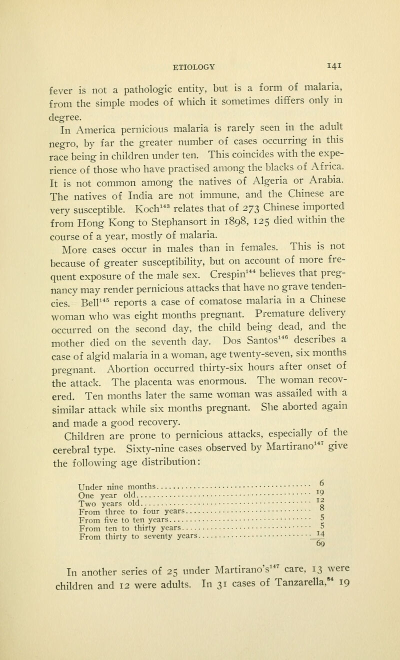 fever is not a pathologic entity, but is a form of malaria, from the simple modes of which it sometimes differs only in degree. In America pernicious malaria is rarely seen in the adult negro, by far the greater number of cases occurring in this race being in children under ten. This coincides with the expe- rience of those who have practised among the blacks of Africa. It is not common among the natives of Algeria or Arabia. The natives of India are not immune, and the Chinese are very susceptible. Koch143 relates that of 273 Chinese imported from Hong Kong to Stephansort in 1898, 125 died within the course of a year, mostly of malaria. More cases occur in males than in females. This is not because of greater susceptibility, but on account of more fre- quent exposure of the male sex. Crespin144 believes that preg- nancy may render pernicious attacks that have no grave tenden- cies. Bell145 reports a case of comatose malaria in a Chinese woman who was eight months pregnant. Premature delivery occurred on the second day, the child being dead, and the mother died on the seventh day. Dos Santos146 describes a case of algid malaria in a woman, age twenty-seven, six months pregnant. Abortion occurred thirty-six hours after onset of the attack. The placenta was enormous. The woman recov- ered. Ten months later the same woman was assailed with a similar attack while six months pregnant. She aborted again and made a good recovery. Children are prone to pernicious attacks, especially of the cerebral type. Sixty-nine cases observed by Martirano147 give the following age distribution: Under nine months One year old *9 Two years old R From three to four years ° From five to ten years 5 From ten to thirty years 5 From thirty to seventy years -_£4 69 In another series of 25 under Martirano's147 care, 13 were children and 12 were adults. In 31 cases of Tanzarella,84 19