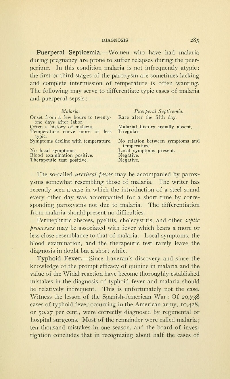 Puerperal Septicemia.—Women who have had malaria during pregnancy are prone to suffer relapses during the puer- perium. In this condition malaria is not infrequently atypic: the first or third stages of the paroxysm are sometimes lacking and complete intermission of temperature is often wanting. The following may serve to differentiate typic cases of malaria and puerperal sepsis: Malaria. Puerperal Septicemia. Onset from a few hours to twenty- Rare after the fifth day. one days after labor. Often a history of malaria. Malarial history usually absent. Temperature curve more or less Irregular. typic. Symptoms decline with temperature. No relation between symptoms and temperature. No local symptoms. Local symptoms present. Blood examination positive. Negative. Therapeutic test positive. Negative. The so-called urethral fever may be accompanied by parox- ysms somewhat resembling those of malaria. The writer has recently seen a case in which the introduction of a steel sound every other day was accompanied for a short time by corre- sponding paroxysms not due to malaria. The differentiation from malaria should present no difficulties. Perinephritic abscess, pyelitis, cholecystitis, and other septic processes may be associated with fever which bears a more or less close resemblance to that of malaria. Local symptoms, the blood examination, and the therapeutic test rarely leave the diagnosis in doubt but a short while. Typhoid Fever.—Since Laveran's discovery and since the knowledge of the prompt efficacy of quinine in malaria and the value of the Widal reaction have become thoroughly established mistakes in the diagnosis of typhoid fever and malaria should be relatively infrequent. This is unfortunately not the case. Witness the lesson of the Spanish-American War: Of 20,738 cases of typhoid fever occurring in the American army, 10,428, or 50.27 per cent., were correctly diagnosed by regimental or hospital surgeons. Most of the remainder were called malaria; ten thousand mistakes in one season, and the board of inves- tigation concludes that in recognizing about half the cases of