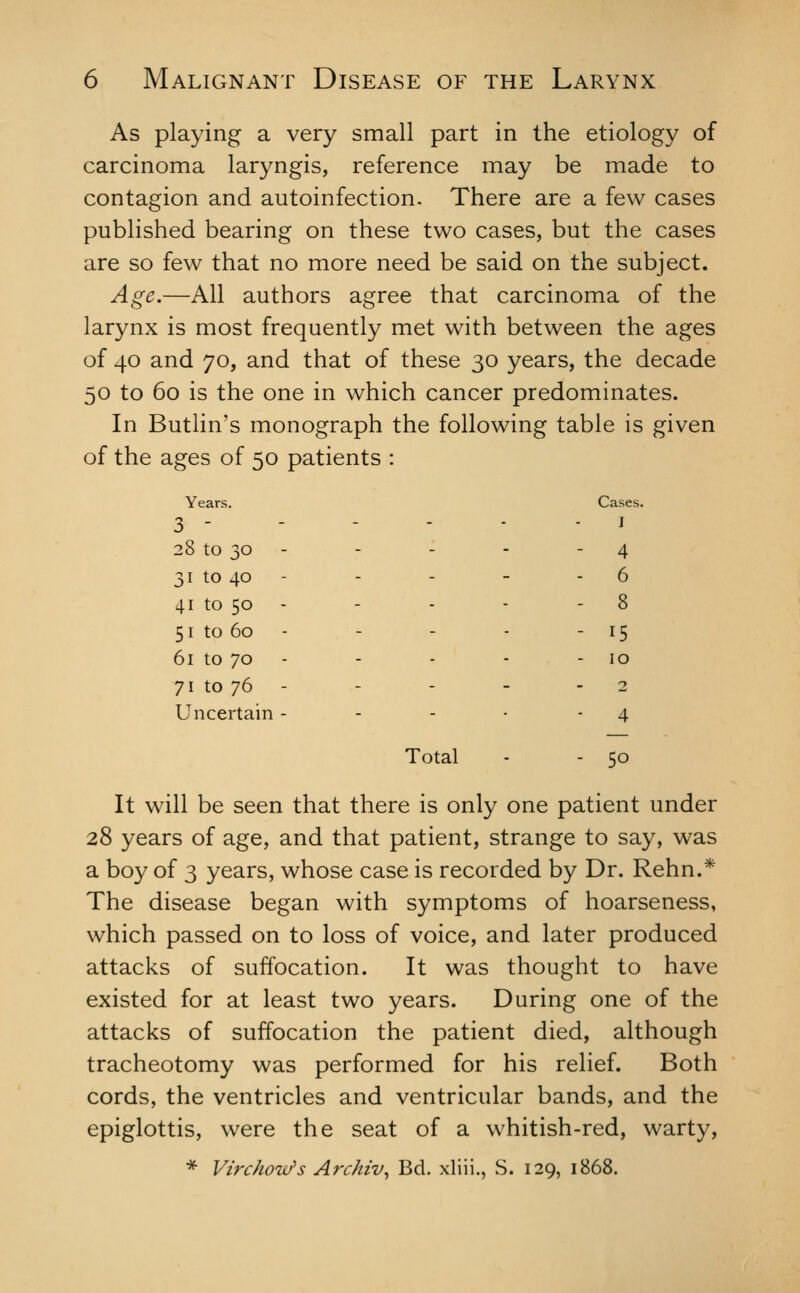 As playing a very small part in the etiology of carcinoma laryngis, reference may be made to contagion and autoinfection. There are a few cases published bearing on these two cases, but the cases are so few that no more need be said on the subject. Age.—All authors agree that carcinoma of the larynx is most frequently met with between the ages of 40 and 70, and that of these 30 years, the decade 50 to 60 is the one in which cancer predominates. In Butlin's monograph the following table is given of the ages of 50 patients : Years. Cases. 3 - - - - - - I 28 to 30 - - - - - 4 31 to 40 - - - - - 6 41 to 50 - - - - - 8 51 to 60 - - - - - 15 61 to 70 - - - - - 10 71 to 76 - - - - - 2 Uncertain - - - • - 4 Total - - 50 It will be seen that there is only one patient under 28 years of age, and that patient, strange to say, was a boy of 3 years, whose case is recorded by Dr. Rehn.* The disease began with symptoms of hoarseness, which passed on to loss of voice, and later produced attacks of suffocation. It was thought to have existed for at least two years. During one of the attacks of suffocation the patient died, although tracheotomy was performed for his relief. Both cords, the ventricles and ventricular bands, and the epiglottis, were the seat of a whitish-red, warty, * Virchow's Archiv^ Bd. xliii., S. 129, 1868.