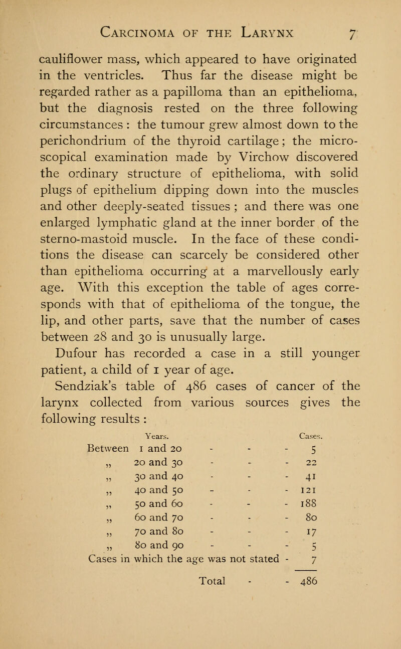 cauliflower mass, which appeared to have originated in the ventricles. Thus far the disease might be regarded rather as a papilloma than an epithelioma, but the diagnosis rested on the three following circumstances : the tumour grew almost down to the perichondrium of the thyroid cartilage; the micro- scopical examination made by Virchow discovered the ordinary structure of epithelioma, with solid plugs of epithelium dipping down into the muscles and other deeply-seated tissues ; and there was one enlarged lymphatic gland at the inner border of the sterno-mastoid muscle. In the face of these condi- tions the disease can scarcely be considered other than epithelioma occurring at a marvellously early age. With this exception the table of ages corre- sponds with that of epithelioma of the tongue, the lip, and other parts, save that the number of cases between 28 and 30 is unusually large. Dufour has recorded a case in a still younger patient, a child of i year of age. Sendziak's table of 486 cases of cancer of the larynx collected from various sources gives the following results : Years. Cases. Between I and 20 - - 5 20 and 30 - - 22 30 and 40 - - 41 40 and 50 - - 121 50 and 60 - - 188 60 and 70 - - 80 70 and 80 - - 17 80 and 90 - - 5 Cases in which the ; age was not stated - 7 Total - - 486