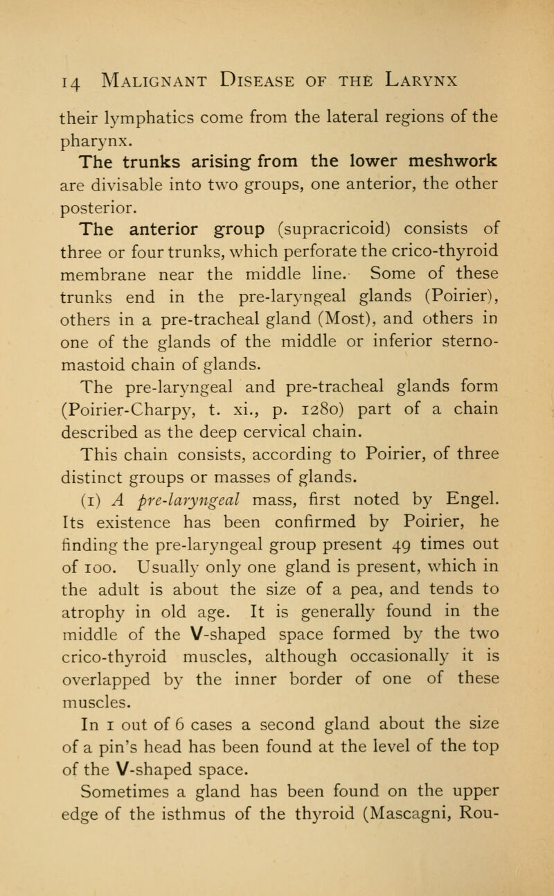 their lymphatics come from the lateral regions of the pharynx. The trunks arising from the lower meshwork are divisable into two groups, one anterior, the other posterior. The anterior group (supracricoid) consists of three or four trunks, which perforate the crico-thyroid membrane near the middle line. Some of these trunks end in the pre-laryngeal glands (Poirier), others in a pre-tracheal gland (Most), and others in one of the glands of the middle or inferior sterno- mastoid chain of glands. The pre-laryngeal and pre-tracheal glands form (Poirier-Charpy, t. xi., p. 1280) part of a chain described as the deep cervical chain. This chain consists, according to Poirier, of three distinct groups or masses of glands. (i) A pre-laryngeal mass, first noted by Engel. Its existence has been confirmed by Poirier, he finding the pre-laryngeal group present 49 times out of 100. Usually only one gland is present, which in the adult is about the size of a pea, and tends to atrophy in old age. It is generally found in the middle of the V-shaped space formed by the two crico-thyroid muscles, although occasionally it is overlapped by the inner border of one of these muscles. In I out of 6 cases a second gland about the size of a pin's head has been found at the level of the top of the V-shaped space. Sometimes a gland has been found on the upper edge of the isthmus of the thyroid (Mascagni, Rou-