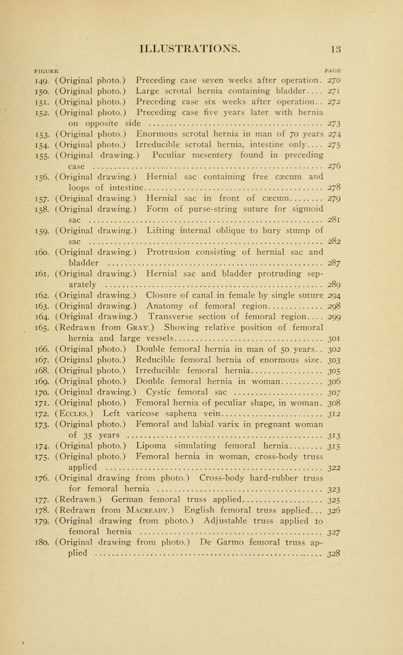 FIGURE PAGE 149. (Original photo.) Preceding cape seven weeks after operation. 270 150. (Original photo.j Large scrotal hernia containing bladder.... 2~\ Original photo.) Preceding case six weeks after operation.. 272 Original photo.) Preceding case five years later with hernia on opposite side 273 Original photo.) Enormous scrotal hernia in man of 70 years 274 Original photo.) Irreducible scrotal hernia, intestine only.... 275 Original drawing.) Peculiar mesentery found in preceding case 276 Original drawing.) Hernial sac containing free caecum and loops of intestine 278 Original drawing.) Hernial sac in front of cjecum 279 Original drawing.) Form of purse-string suture for sigmoid sac 281 Original drawing.) Lifting internal oblique to bury stump of sac 282 Original drawing.) Protrusion consisting of hernial sac and bladder 287 Original drawing.) Hernial sac and bladder protruding sep- arately 289 Original drawing.) Closure of canal in female by single suture 294 Original drawing.) Anatomy of femoral region 298 Original drawing.) Transverse section of femoral region.... 299 Redrawn from Gray.) Showing relative position of femoral hernia and large vessels 301 Original photo.) Double femoral hernia in man of 50 years. . 302 Original photo.) Reducible femoral hernia of enormous size. 303 Original photo.) Irreducible femoral hernia 305 Original photo.) Double femoral hernia in woman 306 Original drawing.) Cystic femoral sac 307 Original photo.) Femoral hernia of peculiar shape, in woman. 308 EccLES.) Left varicose saphena vein 312 Original photo.) Femoral and labial varix in pregnant woman of 35 years 313 Original photo.) Lipoma simulating femoral hernia 315 Original photo.) Femoral hernia in woman, cross-body truss applied 2^2 Original drawing from photo.) Cross-body hard-rubber truss for femoral hernia 323 Redrawn.) German femoral truss applied 325 Redrawn from M.a.cready.) English femoral truss applied... 326 Original drawing from photo.) Adjustable truss applied to femoral hernia 327 180. (Original drawing from photo.) De Garmo femoral truss ap- plied 328