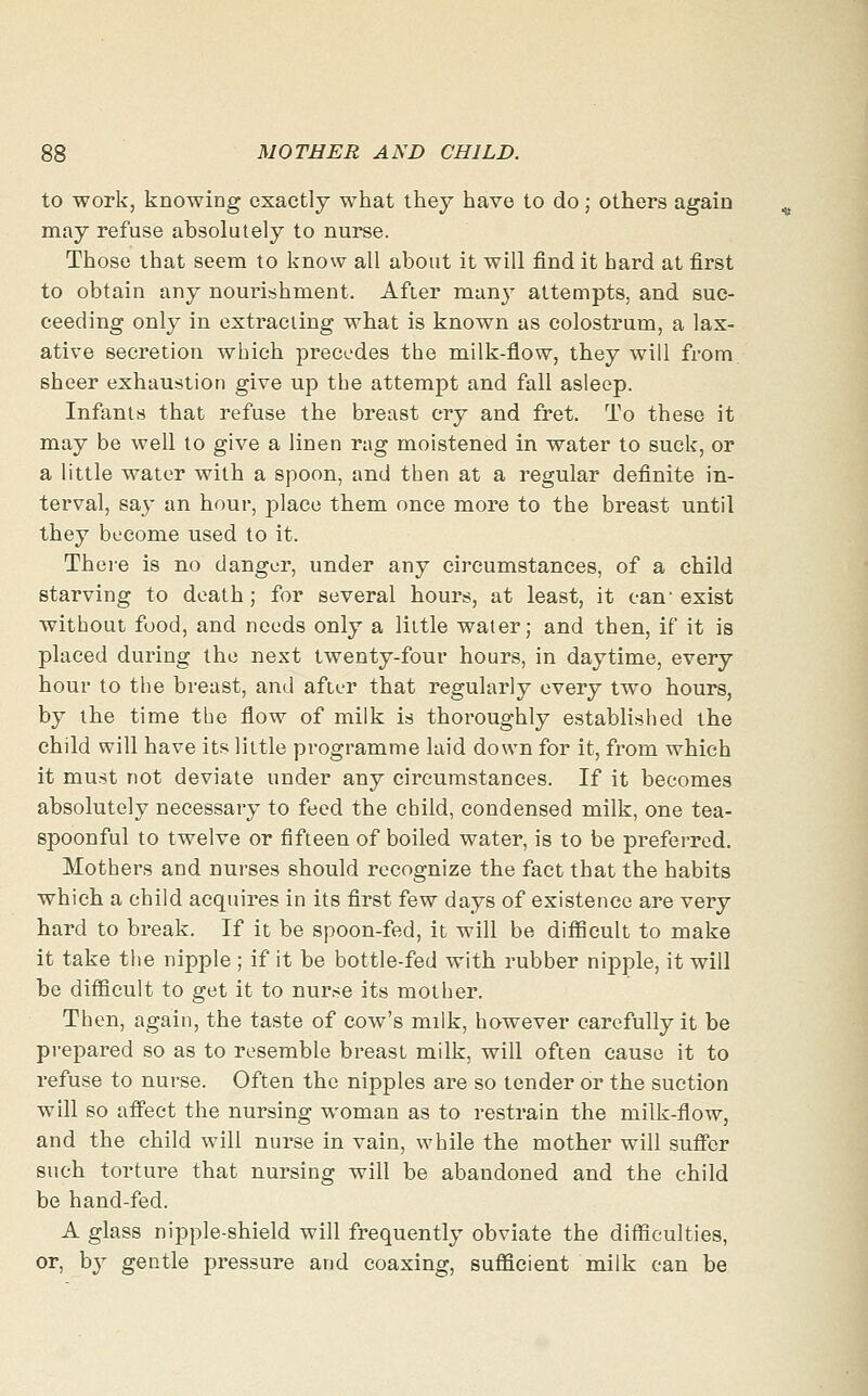 to work, knowing exactly what they have to do; others again may refuse absolutely to nurse. Those that seem to know all about it will find it hard at first to obtain any nourishment. After manj' attempts, and suc- ceeding only in extracting what is known as colostrum, a lax- ative secretion which precedes the nailk-flow, they will from sheer exhaustion give up the attempt and fall asleep. Infants that refuse the breast cry and fret. To these it may be well to give a linen rag moistened in water to suck, or a little water with a spoon, and then at a regular definite in- terval, say an hour, place them once more to the breast until they become used to it. There is no danger, under any circumstances, of a child starving to death; for several hours, at least, it can'exist without food, and needs only a little water; and then, if it is placed during the next twenty-four hours, in daytime, every hour to the breast, and after that regularly every two hours, by the time the flow of milk is thoroughly established the child will have its little programme laid down for it, from which it must not deviate under any circumstances. If it becomes absolutely necessary to feed the child, condensed milk, one tea- spoonful to twelve or fifteen of boiled water, is to be preferred. Mothers and nurses should recognize the fact that the habits which a child acquires in its first few days of existence are very hard to break. If it be spoon-fed, it will be difficult to make it take the nipple ; if it be bottle-fed with rubber nipple, it will be difiicult to get it to nurse its mother. Then, again, the taste of cow's milk, however carefully it be pi-epared so as to resemble breast milk, will often cause it to refuse to nurse. Often the nipples are so tender or the suction will so affect the nursing woman as to restrain the milk-flow, and the child will nurse in vain, while the mother will suffer such torture that nursing will be abandoned and the child be hand-fed. A glass nipple-shield will frequently obviate the difficulties, or, by gentle pressure and coaxing, sufficient milk can be