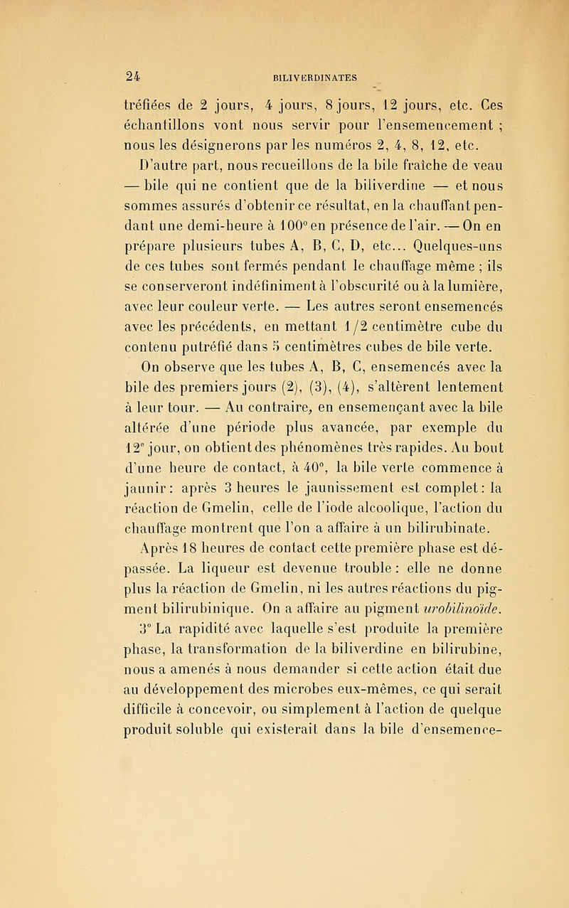 tréfiées de 2 jours, 4 jours, 8 jours, 12 jours, etc. Ces échantillons vont nous servir pour l'ensemencement ; nous les désignerons par les numéros 2, 4, 8, 12, etc. D'autre part, nous recueillons de la bile fraîche de veau — bile qui ne contient que de la biliverdine — et nous sommes assurés d'obtenir ce résultat, en la chauffant pen- dant une demi-heure à 100° en présence de l'air. — On en prépare plusieurs tubes A, B, C, D, etc.. Quelques-uns de ces tubes sont fermés pendant le chauffage même ; ils se conserveront indéfiniment à l'obscurité ou à la lumière, avec leur couleur verte. — Les autres seront ensemencés avec les précédents, en mettant 1/2 centimètre cube du contenu putréfié dans 3 centimètres cubes de bile verte. On observe que les tubes A, B, C, ensemencés avec la bile des premiers jours (2), (3), (4), s'altèrent lentement à leur tour. — Au contraire, en ensemençant avec la bile altérée d'une période plus avancée, par exemple du 12° jour, on obtientdes phénomènes très rapides. Au bout d'une heure de contact, à 40°, la bile verte commence à jaunir: après 3 heures le jaunissement est complet: la réaction de Gmelin, celle de l'iode alcoolique, l'action du chauffage montrent que l'on a affaire à un bilirubinate. Après 18 heures de contact cette première phase est dé- passée. La liqueur est devenue trouble : elle ne donne plus la réaction de Gmelin, ni les autres réactions du pig- ment bilirubinique. On a aflfaire au pigment urobilïnoïde. 3° La rapidité avec laquelle s'est produite la première phase, la transformation de la biliverdine en bilirubine, nous a amenés à nous demander si cette action était due au développement des microbes eux-mêmes, ce qui serait difficile à concevoir, ou simplement à l'action de quelque produit soluble qui existerait dans la bile d'ensemencé-