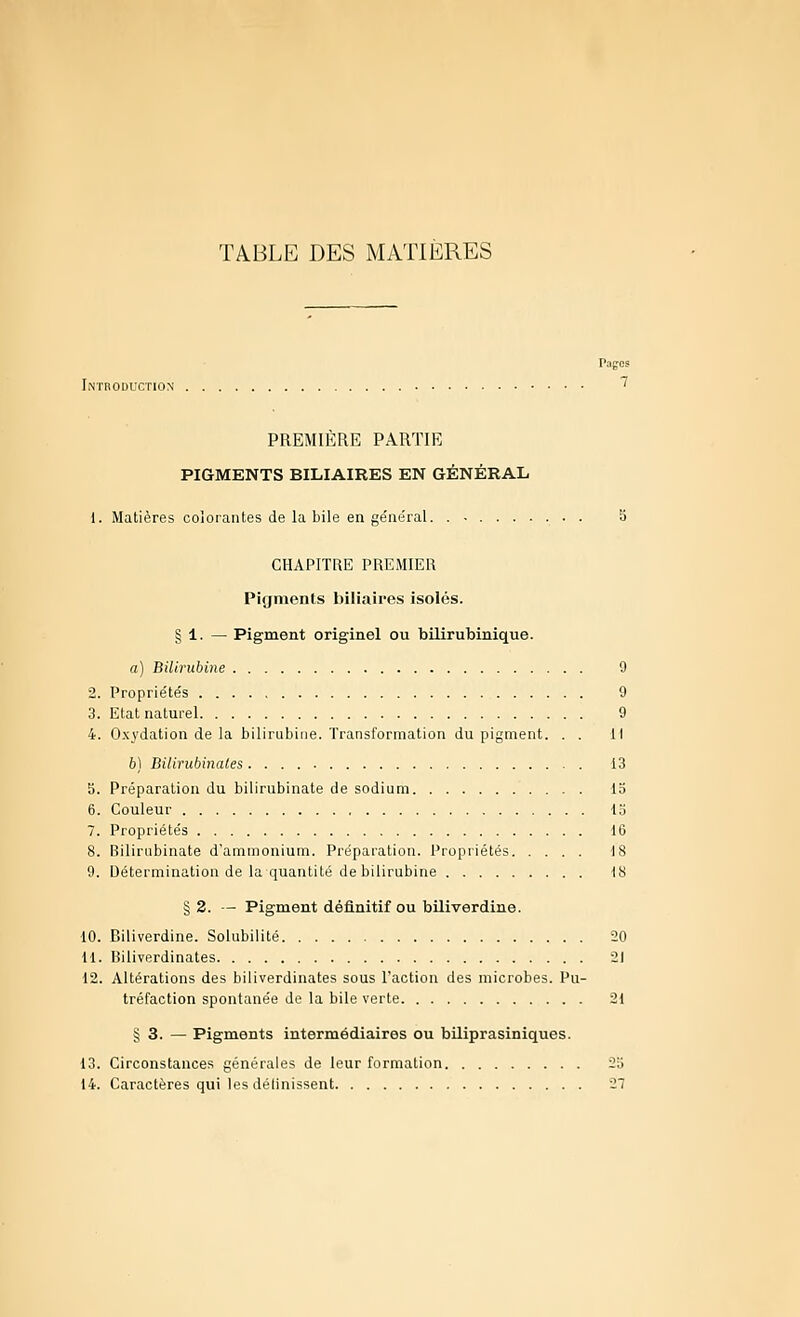 TABLE DES MATIÈRES Pagos Introduction ^ PREMIERE PARTIE PIGMENTS BILIAIRES EN GÉNÉRAL 1. Matières colorantes de la bile en ge'néral. ......... b CHAPITRE PREMIER Pigments biliaires isolés. § 1. — Pigment originel ou bilirubinique. a) Bilirubine 9 2. Propriétés 9 3. Etat naturel 9 4. Oxydation de la bilirubine. Transformation du pigment. . . Il 6) Bilirubinates 13 5. Préparation du bilirubinate de sodium la 6. Couleur lo 7. Propriétés 16 8. Bilirubinate d'ammonium. Préparation. Propriétés 18 9. Détermination de la quantité de bilirubine 18 § 2. — Pigment définitif ou biliverdine. 10. Biliverdine. Solubilité 20 11. Biliverdinates 21 12. Altérations des biliverdinates sous l'action des microbes. Pu- tréfaction spontanée de la bile verte 21 § 3. — Pigments intermédiaires ou biliprasiniques. 13. Circonstances générales de leur formation 25