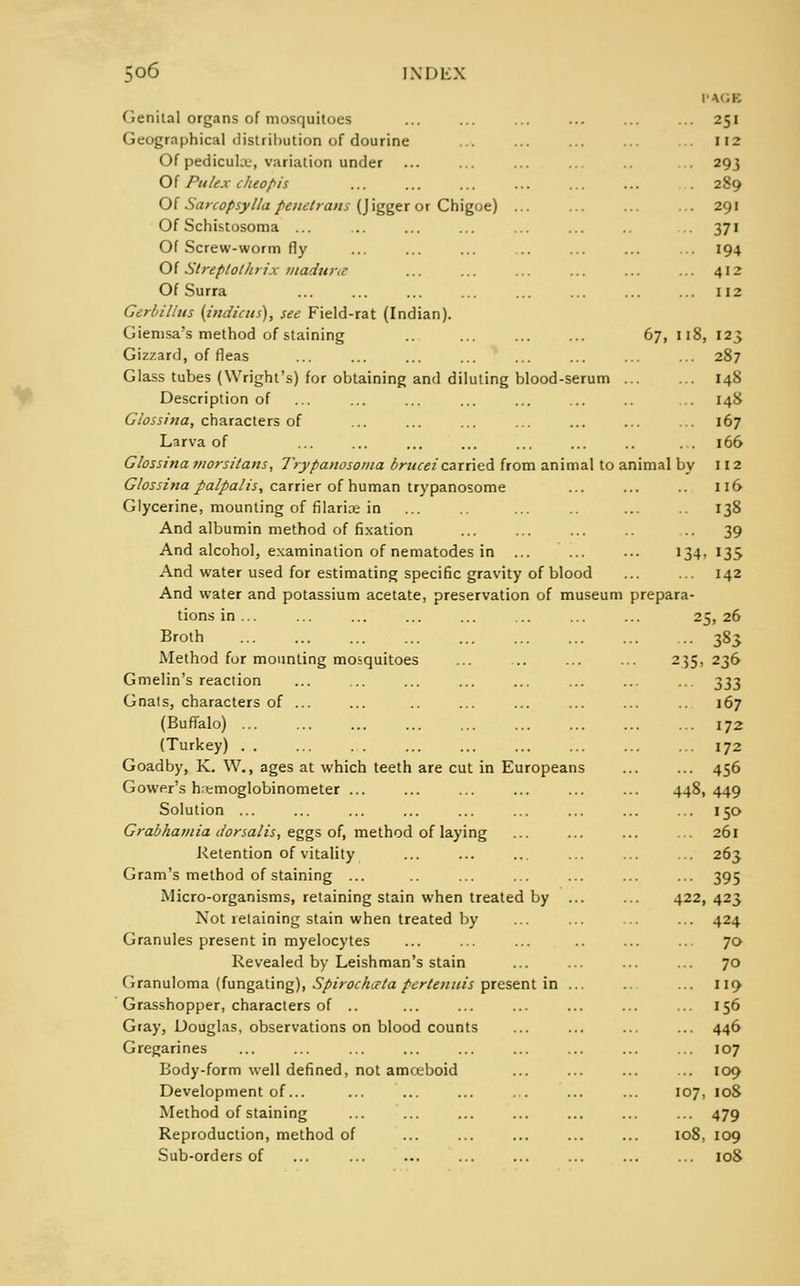 148 i48 167 166 112 116 138 39 135 142 506 INDEX PAGB Genital organs of mosquitoes ... ... ... ... ... ... 251 Geographical distribution of dourine ... ... ... ... 112 Of pedicuUv, variation under ... ... ... ... ... 293 Of Pulex cheopis 289 Of Satcopsylla penetrans(Jigger or Chigoe) ... ... ... ... 291 Of Schistosoma ... ... ... ... ... ... .. 371 Of Screw-worm fly ... ... ... ... ... ... ... 194 Of Slreptotlirix madura ... ... ... ... ... ... 412 Of Surra ... ... ... ... ... ... ... ... 112 Gerbillus (indicus), see Field-rat (Indian). Giemsa's method of staining 67,118,123 Gizzard, of fleas ... ... ... ... ... ... ... ... 287 Glass tubes (Wright's) for obtaining and diluting blood-serum Description of Glossina, characters of Larva of Glossina vtorsitans, Trypanosoma bruceicarried from animal to animal by Glossina palpalis, carrier of human trypanosome Glycerine, mounting of filarioe in And albumin method of fixation And alcohol, examination of nematodes in ... ... ... 134. And water used for estimating specific gravity of blood And water and potassium acetate, preservation of museum prepara- tions in ... Broth Method for mounting mosquitoes Gmelin's reaction Gnats, characters of ... (Buffalo) (Turkey) . . Goadby, K. W., ages at which teeth are cut in Europeans Gower's h;emoglobinometer ... Solution ... Grabhamia dorsalis, eggs of, method of laying Retention of vitality Gram's method of staining ... Micro-organisms, retaining stain when treated by Not retaining stain when treated by Granules present in myelocytes Revealed by Leishman's stain Granuloma (fungating), Spirochcrta pertenuis present in Grasshopper, characters of .. Gray, Douglas, observations on blood counts Gregarines Body-form well defined, not amceboid Development of... Method of staining Reproduction, method of Sub-orders of 235. ,26 383 236 333 167 172 ... 172 ... 456 448, 449 ... 150 ... 261 263 •■■ 395 422, 423 ... 424 ... 70 ... 70 119 156 ... 446 ... 107 ... 109 107, 108 ■ 479 108, 109 ... 108