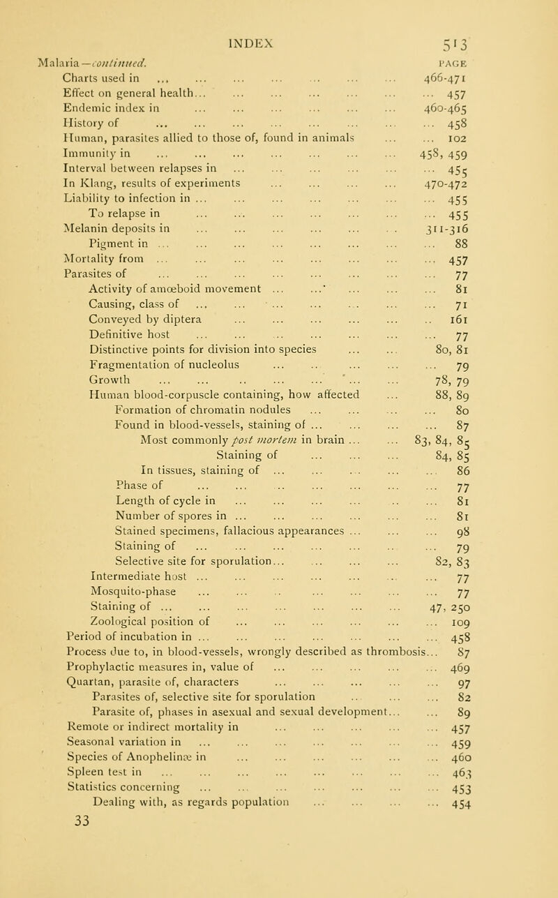 Malaria—continued. Charts used in Effect on general health... Endemic index in History of Human, parasites allied to those of, found in animals Immunity in Interval between relapses in In Klang, results of experiments Liability to infection in ... To relapse in Melanin deposits in Pigment in ... Mortality from ... Parasites of Activity of amoeboid movement ... ... Causing, class of Conveyed by diptera Definitive host Distinctive points for division into species Fragmentation of nucleolus Growth ... ... .. ... ... ... Human blood-corpuscle containing, how affected Formation of chromatin nodules Found in blood-vessels, staining of ... Most commonly post mortem in brain ... Staining of In tissues, staining of Phase of Length of cycle in Number of spores in ... Stained specimens, fallacious appearances ... Staining of Selective site for sporulation... Intermediate host ... Mosquito-phase Staining of ... Zoological position of Period of incubation in ... Process due to, in blood-vessels, wrongly described as thrombosis Prophylactic measures in, value of Quartan, parasite of, characters Parasites of, selective site for sporulation Parasite of, phases in asexual and sexual development... Remote or indirect mortality in Seasonal variation in Species of Anophelinrc in Spleen te>t in Statistics concerning Dealing with, as regards population 33 I'AGE 466-471 ••• 457 460-465 ... 458 102 45S, 459 •■• 4S5 470-472 ••• 455 •■• 455 3U-3I6 ... 88 ••• 457 ... 77 ... 81 ... 71 161 ... 77 80,81 ... 79 78,79 88, 89 ... 80 ... 87 83, 84, 85 84,85 ... 86 ... 77 ... 81 ... 81 ... 98 ... 79 82, 83 ... 77 ... 77 47* 250 ... 109 458 87 469 97 82 89 457 459 460 463 453 454