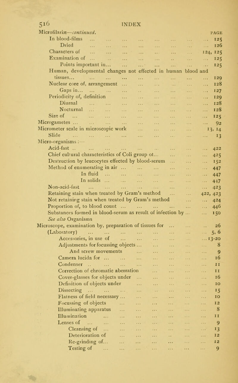 Microfilariae—continued. PAGE In blood-films ... ... ... ... ... ... ... 125 Dried ... ... ... ... ... ... 126 Characters of ... ... ... ... ... 124, 125 Examination of ... .. ... ... ... ... 125 Points important in... ... ... ... ... .. 125 Human, developmental changes not effected in human blood and tissues... ... ... ... ... ... ... ... ... 129 Nuclear core of, arrangement ... ... ... .. ... ... 128 Gaps in .. ... ... ... ... ... 127 Periodicity of, definition ... ... ... ... ... ... 129 Diurnal ... ... ... ... ... ... ... ... 128 Nocturnal ... ... ... ... ... ... ... ... 128 Size of ... ... ... ... ... ... ... ... ... 125 Microgametes ... ... ... ... ... ... ... ... ... 92 Micrometer scale in microscopic work ... ... ... ... 13, 14 Slide ... ... ... ... ... ... .. ... ... 13 Micro-organisms : — Acid-fast .. ... ... ... ... ... ... ... 422 Chief cultural characteristics of Coli group of... ... ... ... 425 Destruction by leucocytes effected by blood-serum ... ... ... 152 Method of enumerating in air ... ... ... ... .. ... 447 In fluid ... ... ... ... ... ... .. 447 In solids ... ... ... ... ... .. 447 Non-acid-fast ... ... ... ... ... ... ... ... 423 Retaining stain when treated by Gram's method ... .. 422,423 Not retaining stain when treated by Gram's method ... ... 424 Proportion of, to blood count ... ... ... ... ... ... 446 Substances formed in blood-serum as result of infection by ... ... 150 See also Organisms Microscope, examination by, preparation of tissues for ... ... 26 (Laboratory) ... ... ... ... ... ... ... .5,6 Accessories, in use of ... ... ... ... ... 13-20 Adjustments for focussing objects... ... ... ... ... 8 And screw movements ... ... ... ... ... 9 Camera lucida for ... ... ... ... ... ... ... 16 Condenser ... ... ... ... ... ... ... II Correction of chromatic aberration ... ... ... ... 11 Cover-glasses for objects under ... ... ... ... ... 16 Definition of objects under ... ... ... ... ... 10 Dissecting ... ... ... ... ... ... ... 15 Flatness of field necessary... ... ... ... ... ... 10 Focussing of objects ... ... ... ... ... ... 12 Illuminating apparatus ... ... ... ... ■■■ ... 8 Illumination ... ... ... ••• ••• ■ •■ •■• II Lenses of ... ... ... ... ... ■•• ... ... 9 Cleansing of ... ... ... ... ... ■ ■• ... 13 Deterioration of ... ... ... .. ... ... 12 Re-grinding of... ... ... ... ... •• 12 Testing of 9
