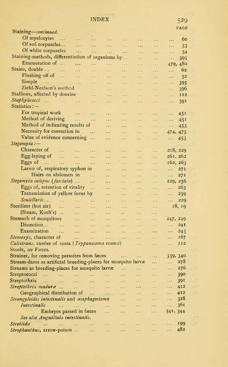 Staining—continued. Of myelocytes Of red corpuscles... Of white corpuscles Staining-methods, differentiation of organisms by... Enumeration of ... Stains, double ... Flushing off of ... ... ... Simple Ziehl-Neelson's method Stallions, affected by dourine Staphylococci ... Statistics: — For tropical work Method of deriving Method of indicating results of Necessity for correction in Value of evidence concerning ... Stegomyia:— Character of Egg-laying of Eggs of Larvre of, respiratory syphon in Hairs on abdomen in Stegomyia calopus (fasciata) ... Eggs of, retention of vitality ... Transmission of yellow fever by Scutellaris... Sterilizer (hot air) (Steam, Koch's) ... Stomach of mosquitoes Dissection .. Examination Stomoxys, character of Calcitrans, carrier of surra {Trypanosoma evansi) Stools, see Fasces. Strainer, for removing parasites from faeces Stream-dams as artificial breeding-places for mosquito larvae Streams as breeding-places for mosquito larvae Streptococci Streptothrix Slreptothrix madura ... Geographical distribution of Slrongy hides intestinalis and cesophagostoma Intestinalis Embryos passed in faeces See also Anguillula intestinalis. StreblidcE Strophantkus, arrow-poison ... 529 PAGE 60 53 54 395 479 , 480 62 52 395 396 112 39' 45i 45i 453 474: . 475 453 208, , 229 261 , 262 262: , 263 271 271 229. , 256 263 259 229 1! J, 19 247, 249 241 243 167 112 339. 340 278 276 39o 391 412 412 328 36i 34i, 344 199 482