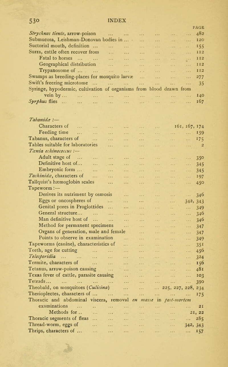 Strychnos tiente, arrow-poison Submucosa, Leishman-Donovan bodies in ... Suctorial mouth, definition ... Surra, cattle often recover from Fatal to horses ... Geographical distribution Trypanosome of ... Swamps as breeding-places for mosquito larvae Swift's freezing microtome ... Syringe, hypodermic, cultivation of organisms from blood drawn from vein by ... Syrphui flies ... PAGE 482 120 •55 112 112 112 112 277 35 140 167 Tabanida :— Characters of Feeding time Tabanus, characters of Tables suitable for laboratories Tcznia echinococcus :— Adult stage of Definitive host of... Embryonic form ... Tachinidce, characters of Tallquist's haemoglobin scales Tapeworm:— Derives its nutriment by osmosis Eggs or oncospheres of Genital pores in Proglottides ... General structure... Man definitive host of ... Method for permanent specimens Organs of generation, male and female Points to observe in examination Tapeworms (canine), characteristics of Teeth, age for cutting Telosporidia Termite, characters of Tetanus, arrow-poison causing Texas fever of cattle, parasite causing Tetrads... Theobald, on mosquitoes {Culicina) Therioplectes, characters of ... Thoracic and abdominal viscera, remova examinations Methods for... Thoracic segments of fleas ... Thread-worm, eggs of Thrips, characters of ... 2 -5 in po. 161, 167, 174 ... 159 ... 175 350 ••• 345 ••■ 345 197 ... 450 • 346 342, 343 ■•■ 349 ... 346 ... 346 ■•• 347 ••• 347 •■• 349 • 35i ... 456 ... 324 . ... 156 ... 481 ... 103 ... 390 227, 228, 234 ... 175 t-mortem 21 21, 22 ... 285 342, 343 ... 157
