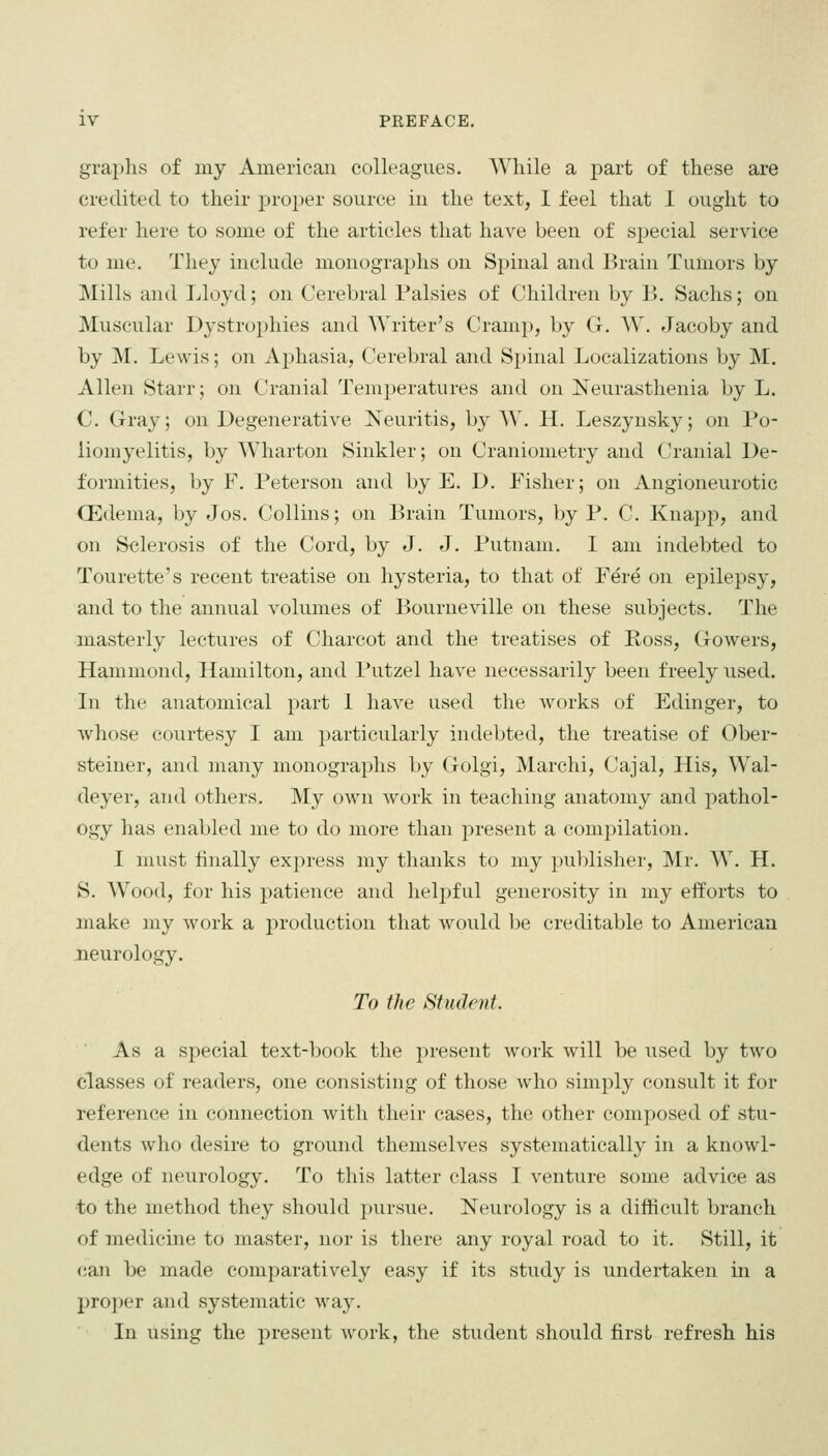 graphs of my American colleagues. While a part of these are credited to their jDroper source in the text, I feel that I ought to refer here to some of the articles that have been of special service to me. They include monographs on Spinal and Brain Tumors by Mills and Lloyd; on Cerebral Palsies of Children by B. Sachs; on Muscular Dystrophies and Writer's Cramp, by G. W. Jacoby and by M. Lewis; on Aphasia, Cerebral and S})inal Localizations by M. Allen Starr; on Cranial Temperatures and on Neurasthenia by L. C. Gray; on Degenerative Neuritis, by W. H. Leszynsky; on Po- liomyelitis, by Wharton Sinkler; on Craniometry and Cranial De- formities, by F. Peterson and by E. D. Fisher; on Angioneurotic CEdema, by Jos. Collins; on Brain Tumors, by P. C. Knapp, and on Sclerosis of the Cord, by J. J. Putnam. I am indebted to Tourette's recent treatise on hysteria, to that of Fere on epilepsy, and to the annual volumes of Bourueville on these subjects. The masterly lectures of Charcot and the treatises of Ross, Gowers, Hammond, Hamilton, and Putzel have necessarily been freely used. In the anatomical part 1 have used the works of Edinger, to Avhose courtesy I am particularly indebted, the treatise of Ober- steiner, and many monographs by Golgi, jVlarchi, Cajal, His, Wal- deyer, and others. My own work in teaching anatomy and pathol- ogy has enabled me to do more than present a compilation. I must finally express my thanks to my publisher, Mr. W. H. S. Wood, for his patience and helpful generosity in my efforts to make my work a production that would be creditable to American neurology. To the Student. As a special text-book the present work will be used by two classes of readers, one consisting of those who simply consult it for reference in connection with their cases, the other composed of stu- dents who desire to ground themselves systematically in a knowl- edge of neurology. To this latter class I venture some advice as •to the method they should pursue. Neurology is a difficult branch of medicine to master, nor is there any royal road to it. Still, it can be made comparatively easy if its study is undertaken in a pro])er and systematic way. In using the present work, the student should first refresh his