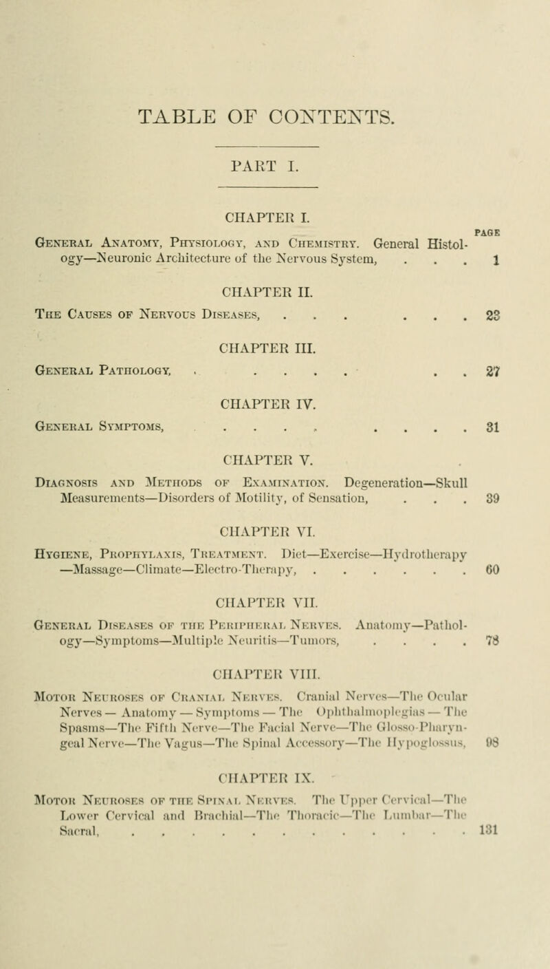 TABLE OF C0XTE:N'TS. PART I. CHAPTER I. PAGE General Ax atomy, PnYSiOLocy, and Chemistry. General Histol- ogy—Neuronic Architecture of the Kervous System, ... 1 CHAPTER II. The Causes of Nervous Diseases, ... ... 23 CHAPTER III. General Pathology, . .... . . 27 CHAPTER IV. General Symptoms, . . . „ .... 81 CHAPTER V. Diagnosis and 3Ietiiods of Examination. Degeneration—Skull Measurements—Disorders of jNIotility, of Sensation, ... 39 CHAPTER VI. Hygiene, Pkophylaxis, Treatment. Diet—Exercise—Ilydrotlicrapy —^Massage—Climate—Eleotro-Therapy, 60 CHAPTER VII. General Diseases of the Pekiphkral Nerves. Anatomy—Pathol- ogy—Symptoms—^lultiple Neuritis—Tumors, .... 78 CHAPTER VIII. Motor Neuroses of Cranial Neuves. Cranial Nerves—The Ocular Nerves — Anatomy — Sym|)toms — Tlie Oplitlialmoplegias — The Spasms—The Fifth Nerve—The Facial Nerve—The Glossopharyn- geal Nerve—The Vagus—The Spinal Accessory—The llypoglossus, 08 CHAPTER IX. Motor Neuroses of the Spinal Nerves. The Upper Cervical—The Lower Cervical and Brachial—The Thoracic—The Lumbar—The Sacral 131