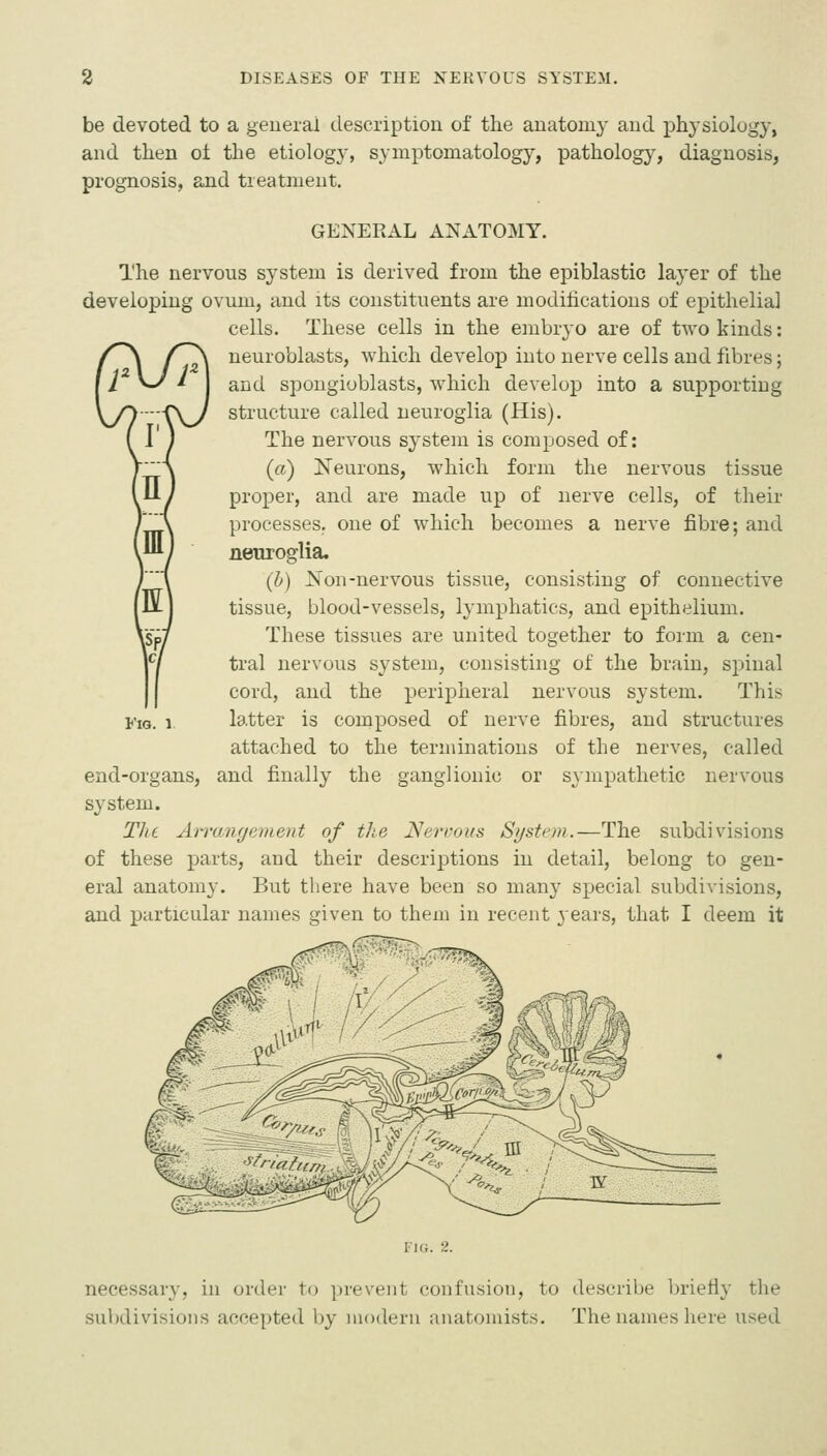 be devoted to a geueral descriptiou of the anatomy and physiology, and then ol the etiology, symptomatology, pathology, diagnosis, prognosis, and treatment. GENERAL ANATOMY. The nervous system is derived from the epiblastic laj'er of the developing ovum, and its constituents are modifications of epithelial cells. These cells in the embryo are of two kinds: neuroblasts, which develop into nerve cells and fibres; and spongioblasts, which develop into a supporting structure called neuroglia (His). The nervous system is composed of: (a) Neurons, which form the nervous tissue proper, and are made up of nerve cells, of their processes, one of which becomes a nerve fibre; and nenroglia. (h) Non-nervous tissue, consisting of connective tissue, blood-vessels, lymphatics, and epithelium. These tissues are united together to form a cen- tral nervous system, consisting of the brain, spinal cord, and the peripheral nervous system. This latter is composed of nerve fibres, and structures attached to the terminations of the nerves, called and finally the ganglionic or sympathetic nervous Fig. 1 end-organs, system. The An'angement of the Nercoiis System.—The subdivisions of these parts, and their descriptions in detail, belong to gen- eral anatomy. But there have been so many special subdivisions, and particular names given to them in recent years, that I deem it FiG. 2. necessary, in order to prevent confusion, to describe briefly the subdivisions accepted by modern anatomists. The names here used