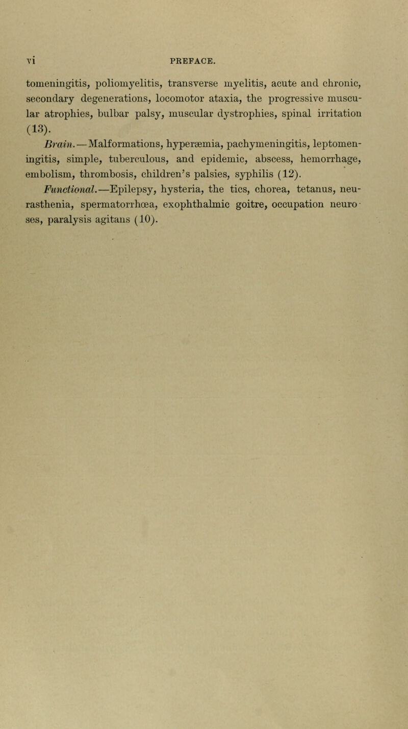 toineningitis, poliomyelitis, transverse myelitis, acute and chronic, secondary degenerations, locomotor ataxia, the progressive muscu- lar atrophies, bulbar palsy, muscular dystrophies, spinal irritation (13). Brain.—Malformations, hyperaemia, pachymeningitis, leptomen- ingitis, simple, tuberculous, and epidemic, abscess, hemorrhage, embolism, thrombosis, children's palsies, syphilis (12). Functional.—Epilepsy, hysteria, the tics, chorea, tetanus, neu- rasthenia, spermatorrhoea, exophthalmic goitre, occupation neuro- ses, paralysis agitans (10).