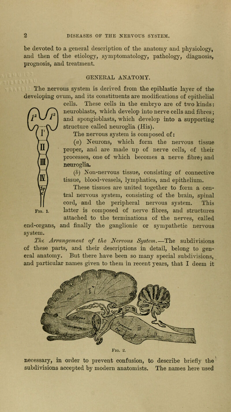 be devoted to a general description of the anatomy and physiology, and then of the etiology, symptomatology, pathology, diagnosis, prognosis, and treatment. GENERAL ANATOMY. The nervous system is derived from the epiblastic layer of the developing ovum, and its constituents are modifications of epithelial cells. These cells in the embryo are of two kinds: neuroblasts, which develop into nerve cells and fibres; and spongioblasts, which develop into a supporting structure called neuroglia (His). The nervous system is composed of: (a) Neurons, which form the nervous tissue proper, and are made up of nerve cells, of their processes, one of which becomes a nerve fibre; and neuroglia. (b) Non-nervous tissue, consisting of connective tissue, blood-vessels, lymphatics, and epithelium. These tissues are united together to form a cen- tral nervous system, consisting of the brain, spinal cord, and the peripheral nervous system. This latter is composed of nerve fibres, and structures attached to the terminations of the nerves, called and finally the ganglionic or sympathetic nervous Fig. 1. end-organs, system. The Arrangement of the Nervous System.—The subdivisions of these parts, and their descriptions in detail, belong to gen- eral anatomy. But there have been so many special subdivisions, and particular names given to them in recent years, that I deem it Fig. -Z. necessary, in order to prevent confusion, to describe briefly the subdivisions accepted by modern anatomists. The names here used