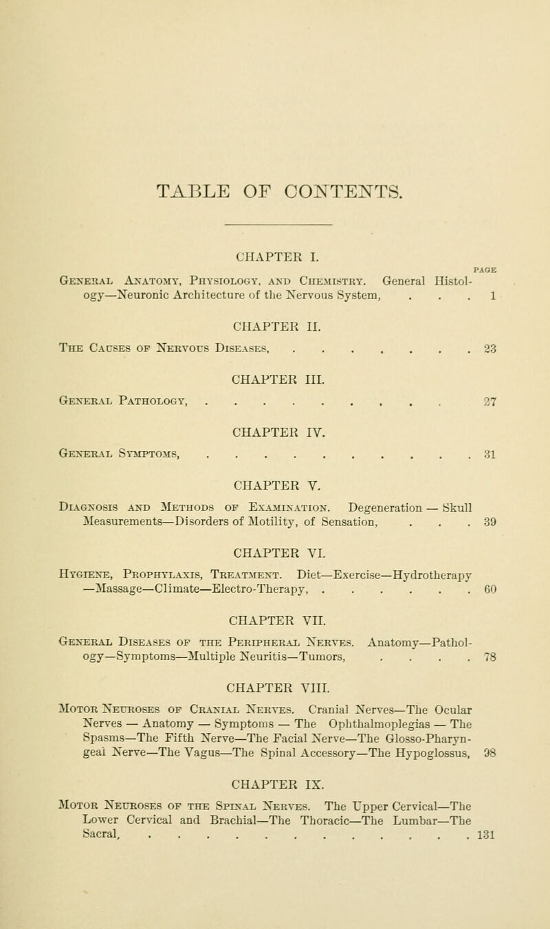 TABLE OF CONTENTS. CHAPTER I. General Anatomy, Physiology, and Chemistry. General Histol- ogy—Neuronic Architecture of the Nervous System, ... 1 CHAPTER II. The Causes of Nervous Diseases, General Pathology, General Symptoms, CHAPTER III CHAPTER IV 23 27 31 CHAPTER V. Dla.gnosis and Methods of Examination. Degeneration — Skull Measurements—Disorders of Motility, of Sensation, . . .39 CHAPTER VI. Hygiene, Prophylaxis, Treatment. Diet—Exercise—Hydrotherapy —Massage—Climate—Electro-Therapy, 60 CHAPTER VII. General Diseases of the Peripheral Nerves. Anatomy—Pathol- ogy—Symptoms—Multiple Neuritis—Tumors, . . . .78 CHAPTER VIII. Motor Neuroses of Cranlal Nerves. Cranial Nerves—The Ocular Nerves — Anatomy — Symptoms — The Ophthalmoplegias — The Spasms—The Fifth Nerve—The Facial Nerve—The Glosso-Pharyn- geai Nerve—The Vagus—The Spinal Accessory—The Hypoglossus, 98 CHAPTER IX. Motor Neuroses of the Spinal Nerves. The Upper Cervical—The Lower Cervical and Brachial—The Thoracic—The Lumbar—The Sacral, 131