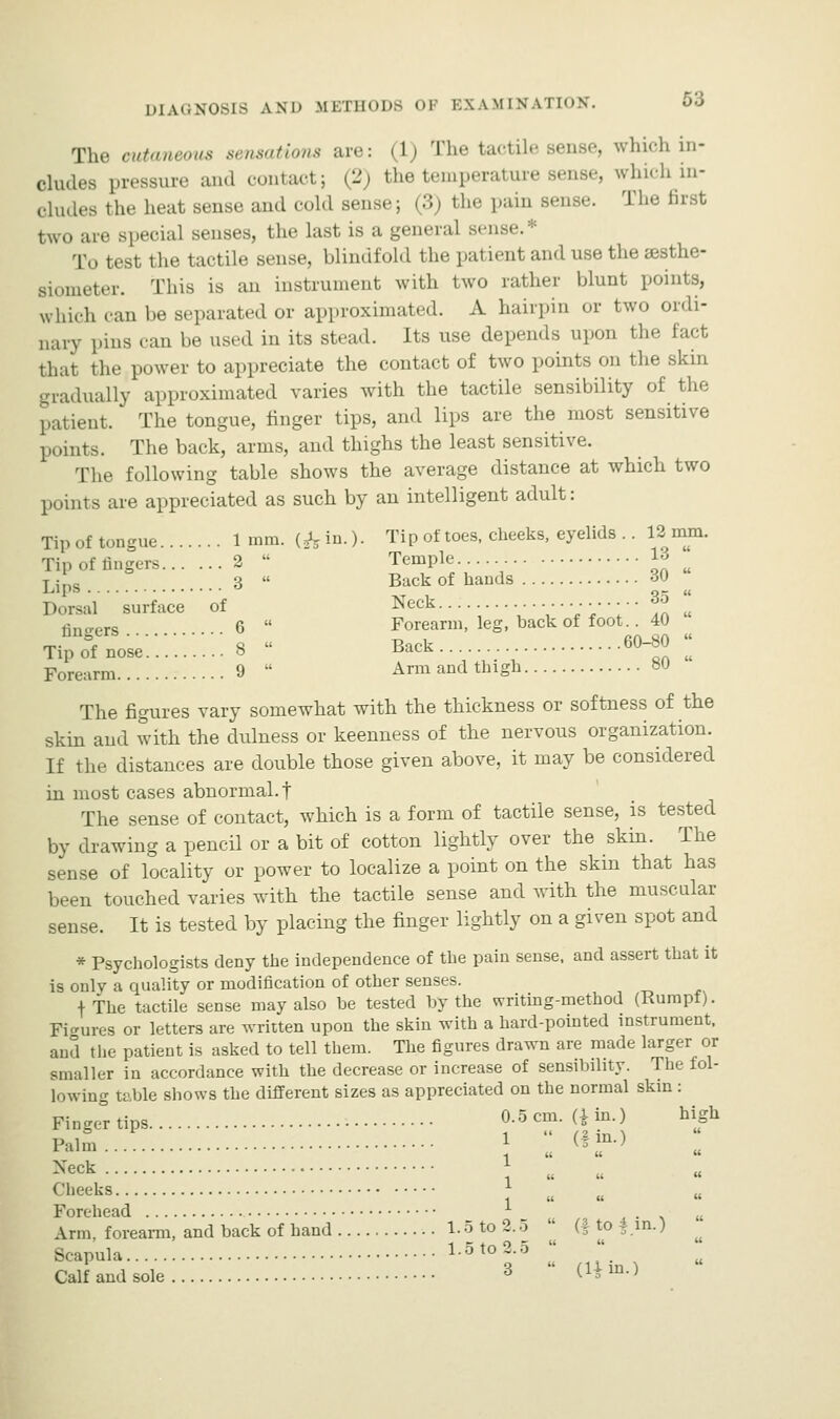 The cutaneous sensations are: (1) The tactile sense, which in- cludes pressure and contact; (2) the temperature sense, which in- cludes the heat sense and cold sense; (3) the pain sense. The first two are special senses, the last is a general sense.* I, i test the tactile sense, blindfold the patient and use the zesthe- Biometer. This is an instrument with two rather blunt points, which can be separated or approximated. A hairpin or two ordi- nary pins can be used in its stead. Its use depends upon the fact that the power to appreciate the contact of two points on the skin gradually approximated varies with the tactile sensibility of the patient. The tongue, finger tips, and lips are the most sensitive points. The back, arms, and thighs the least sensitive. The following table shows the average distance at which two points are appreciated as such by an intelligent adult: Tip of tongue 1mm. (&in.)- Tip of toes, cheeks, eyelids .. 12mm. Tip Of lingers 2  Temple 1- ^ Lips 3  Back of bands 30 ^ Dorsal surface of Neck *o ^ tinkers 6  Forearm, leg, back of foot.. 4U „. °, o u P.irk 60-80  Tip of nose o L>acK u Forearm 9  Arm and thigh SO The figures vary somewhat with the thickness or softness of the skin and with the cltdness or keenness of the nervous organization. If the distances are double those given above, it may be considered in most cases abnormal, f The sense of contact, which is a form of tactile sense, is tested by drawing a pencil or a bit of cotton lightly over the skin. The sense of locality or power to localize a point on the skin that has been touched varies with the tactile sense and with the muscular sense. It is tested by placing the finger lightly on a given spot and * Psychologists deny the independence of the pain sense, and assert that it is only a quality or modification of other senses. f The tactile sense may also be tested by the writing-method (Rumpf). Figures or letters are written upon the skin with a hard-pointed instrument, and the patient is asked to tell them. The figures drawn are made larger or smaller in accordance with the decrease or increase of sensibility. The fol- lowing table shows the different sizes as appreciated on the normal skin : Fingertips °.5cm. (iin-) hi,Sh Palm... 1  »»■) Neck .. Cheeks. 1 it <t Forehead l Arm. forearm, and back of hand Scapula Calf and sole 1.5 to 2.5 3  (l|in.)