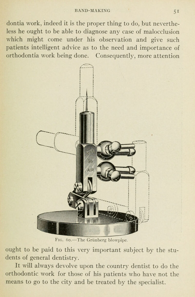 dontia work, indeed it is the proper thing to do, but neverthe- less he ought to be able to diagnose any case of malocclusion which might come under his observation and give such patients intelligent advice as to the need and importance of orthodontia work being done. Consequently, more attention -The Grunberg blowpipe. ought to be paid to this very important subject by the stu- dents of general dentistry. It will always devolve upon the country dentist to do the orthodontic work for those of his patients who have not the means to go to the city and be treated by the specialist.