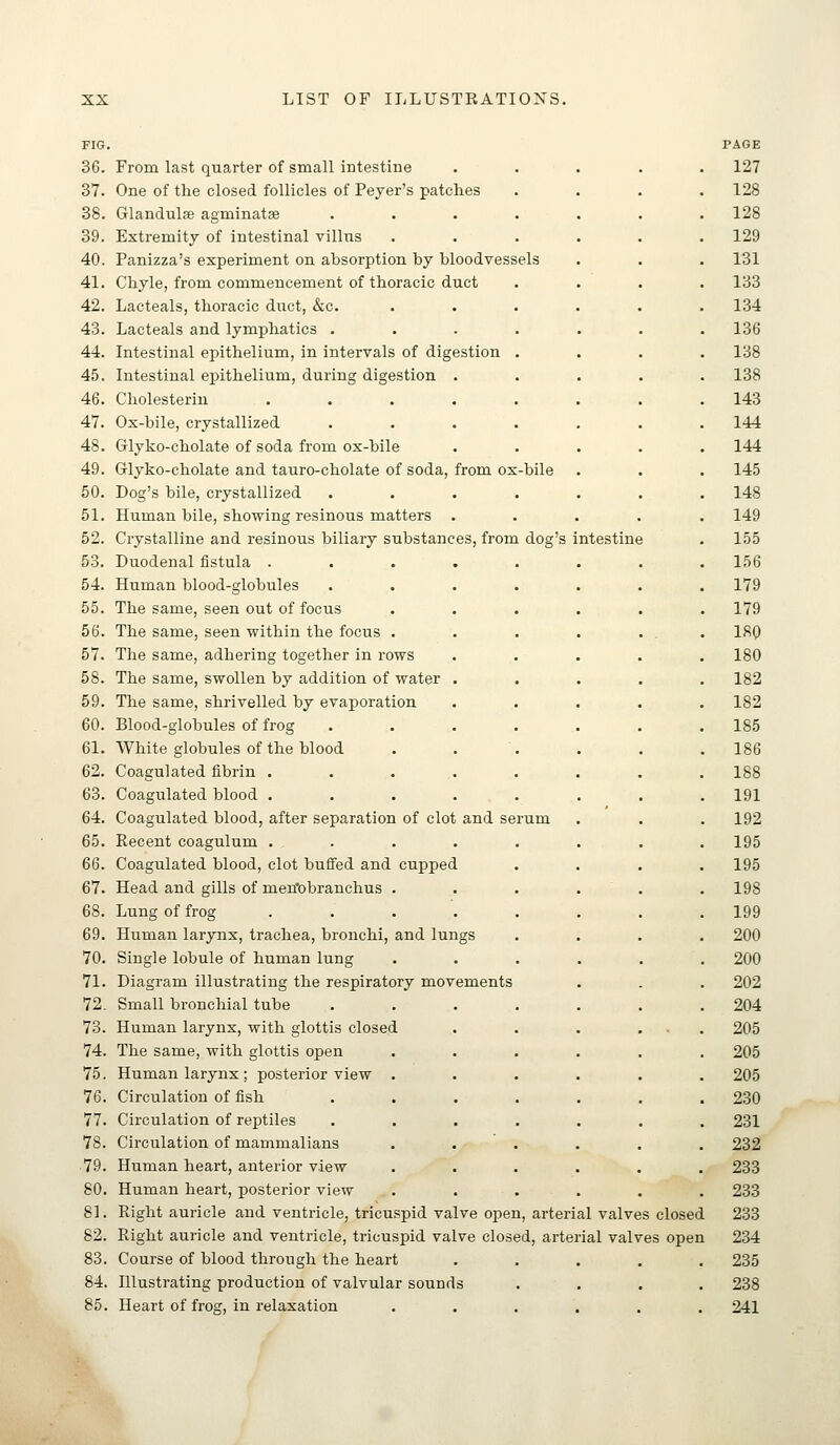 FIG. 36. From last quarter of small intestine 37. One of the closed follicles of Peyer's patches 38. Glandulse agminatse 39. Extremity of intestinal villus 40. Panizza's experiment on absorption by bloodvessels 41. Chyle, from commencement of thoracic duct 42. Lacteals, thoracic diict, &c. 43. Lacteals and lymphatics . 44. Intestinal epithelium, in intervals of digestion 45. Intestinal epithelium, during digestion . 46. Cholesteriu .... 47. Ox-bile, crystallized 48. Glyko-cholate of soda from ox-bile 49. Glyko-cholate and tauro-cholate of soda, from ox-bile 50. Dog's bile, crystallized 51. Human bile, showing resinous matters . 52. Crystalline and resinous biliary substances, from dog's intestine 53. Duodenal iistula .... 54. Human blood-globules 55. The same, seen out of focus 56. The same, seen within the focus . 57. The same, adhering together in rows 58. The same, swollen by addition of water . 59. The same, shrivelled by evaporation 60. Blood-globules of frog 61. White globules of the blood 62. Coagulated fibrin . 63. Coagulated blood .... 64. Coagulated blood, after separation of clot and serum 65. Recent coagulum .... 66. Coagulated blood, clot buffed and cupped 67. Head and gills of men'obranchus . 68. Lung of frog .... 69. Human larynx, trachea, bronchi, and lungs 70. Single lobule of human lung 71. Diagram illustrating the respiratory movements 72. Small bronchial tube 73. Human larynx, with glottis closed 74. The same, with glottis open 75. Human larynx ; posterior view . 76. Circulation of fish 77. Circulation of reptiles 78. Circulation of mammalians 79. Human heart, anterior view 80. Human heart, posterior view 81. Right auricle and ventricle, tricuspid valve open, arterial valves closed 82. Right auricle and ventricle, tricuspid valve closed, arterial valves open 83. Course of blood through the heart 84. Illustrating production of valvular sounds 85. Heart of frog, in relaxation