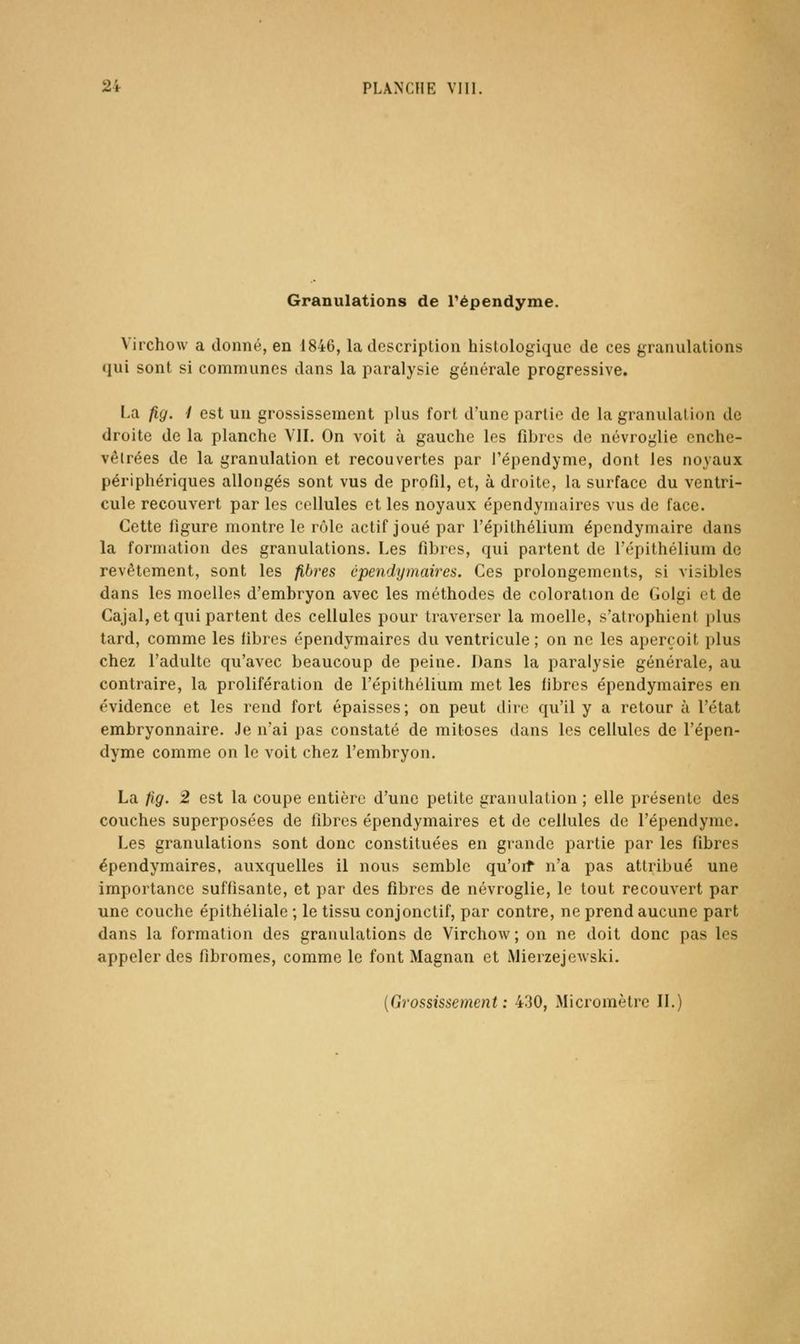Granulations de l'épendyme. Virchow a donné, en 1846, la descriplion histologiquc de ces granulations qui sont si communes dans la paralysie générale progressive. La fiy. I est un grossissement plus fort d'une partie de la granulation de droite de la planche VII. On voit à gauche les fibres de névroglie enche- vêlrées de la granulation et recouvertes par l'épendyme, dont les noyaux périphériques allongés sont vus de profil, et, à droite, la surface du ventri- cule recouvert par les cellules et les noyaux épendyniaires vus de face. Cette figure montre le rôle actif joué par l'épithélium épendymaire dans la formation des granulations. Les fibres, qui partent de l'épithélium de revêtement, sont les fibres cpendymaires. Ces prolongements, si visibles dans les moelles d'embryon avec les méthodes de coloration de Golgi et de Cajal, et qui partent des cellules pour traverser la moelle, s'atrophient plus tard, comme les fibres épendyniaires du ventricule ; on ne les aperçoit plus chez l'adulte qu'avec beaucoup de peine. Dans la paralysie générale, au contraire, la prolifération de l'épithélium met les fibres épendyniaires en évidence et les rend fort épaisses; on peut diie qu'il y a retour à l'état embryonnaire. Je n'ai pas constaté de mitoses dans les cellules de l'épen- dyme comme on le voit chez l'embryon. La fig. 2 est la coupe entière d'une petite granulation; elle présente des couches superposées de fibres épendymaires et de cellules de l'épendyme. Les granulations sont donc constituées en grande partie par les fibres épendymaires, auxquelles il nous semble qu'orf n'a pas attribué une importance suffisante, et par des fibres de névroglie, le tout recouvert par une couche épithélialc ; le tissu conjonctif, par contre, ne prend aucune part dans la formation des granulations de Virchow; on ne doit donc pas les appeler des fibromes, comme le font Magnan et iVIierzejewski. (Grossissement: 430, Micromètre IL)