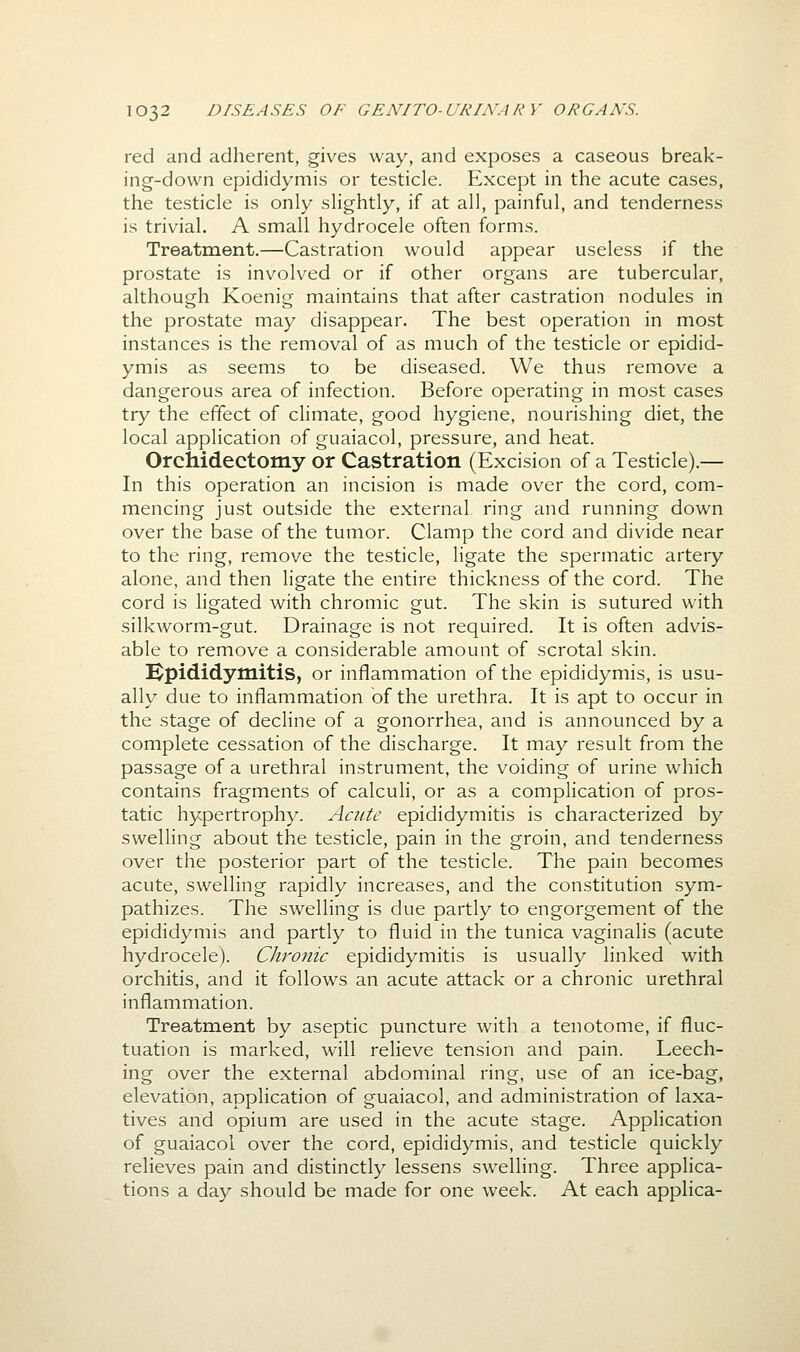 red and adherent, gives way, and exposes a caseous break- ing-down epididymis or testicle. Except in the acute cases, the testicle is only slightly, if at all, painful, and tenderness is trivial. A small hydrocele often forms. Treatment.—Castration would appear useless if the prostate is involved or if other organs are tubercular, although Koenig maintains that after castration nodules in the prostate may disappear. The best operation in most instances is the removal of as much of the testicle or epidid- ymis as seems to be diseased. We thus remove a dangerous area of infection. Before operating in most cases try the effect of climate, good hygiene, nourishing diet, the local application of guaiacol, pressure, and heat. Orchidectomy or Castration (Excision of a Testicle).— In this operation an incision is made over the cord, com- mencing just outside the external ring and running down over the base of the tumor. Clamp the cord and divide near to the ring, remove the testicle, ligate the spermatic artery alone, and then ligate the entire thickness of the cord. The cord is ligated with chromic gut. The skin is sutured with silkworm-gut. Drainage is not required. It is often advis- able to remove a considerable amount of scrotal skin. Epididymitis, or inflammation of the epididymis, is usu- ally due to inflammation of the urethra. It is apt to occur in the stage of decline of a gonorrhea, and is announced by a complete cessation of the discharge. It may result from the passage of a urethral instrument, the voiding of urine which contains fragments of calculi, or as a complication of pros- tatic hypertrophy. Acute epididymitis is characterized by swelling about the testicle, pain in the groin, and tenderness over the posterior part of the testicle. The pain becomes acute, swelling rapidly increases, and the constitution sym- pathizes. The swelling is due partly to engorgement of the epididymis and partly to fluid in the tunica vaginalis (acute hydrocele). Chronic epididymitis is usually linked with orchitis, and it follows an acute attack or a chronic urethral inflammation. Treatment by aseptic puncture with a tenotome, if fluc- tuation is marked, will relieve tension and pain. Leech- ing over the external abdominal ring, use of an ice-bag, elevation, application of guaiacol, and administration of laxa- tives and opium are used in the acute stage. Application of guaiacol over the cord, epididymis, and testicle quickly relieves pain and distinctly lessens swelling. Three applica- tions a day should be made for one week. At each applica-