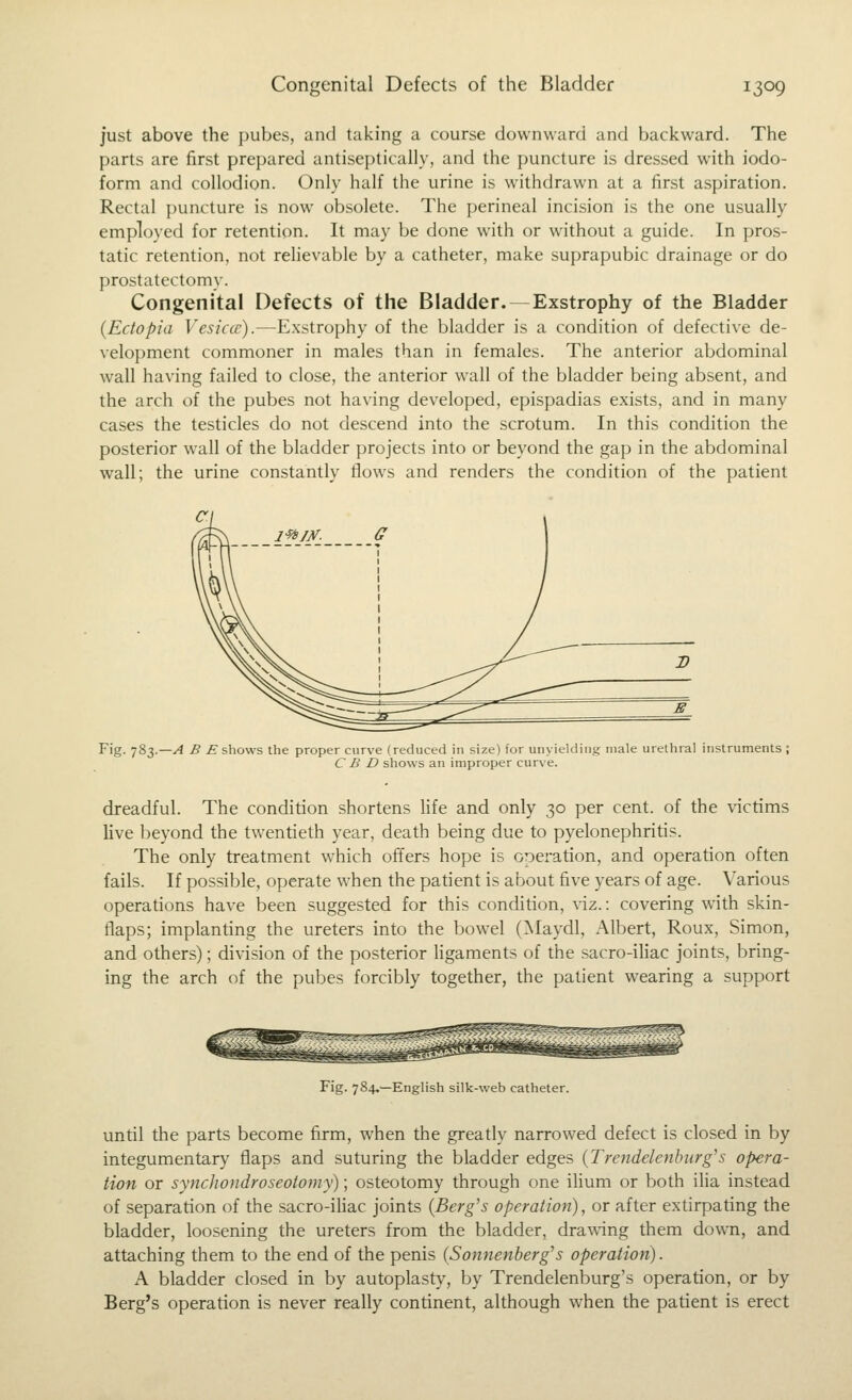 just above the pubes, and taking a course downward and backward. The parts are first prepared antiseptically, and the puncture is dressed with iodo- form and collodion. Only half the urine is withdrawn at a first aspiration. Rectal puncture is now obsolete. The perineal incision is the one usually employed for retention. It may be done with or without a guide. In pros- tatic retention, not relievable by a catheter, make suprapubic drainage or do prostatectomy. Congenital Defects of the Bladder.—Exstrophy of the Bladder {Ectopia Fg5/f(g) .—Exstrophy of the bladder is a condition of defective de- velopment commoner in males than in females. The anterior abdominal wall having failed to close, the anterior wall of the bladder being absent, and the arch of the pubes not having developed, epispadias exists, and in many cases the testicles do not descend into the scrotum. In this condition the posterior w^all of the bladder projects into or beyond the gap in the abdominal wall; the urine constantly flows and renders the condition of the patient Fig. 783.—.<4 B £■ shows the proper curve (reduced in size) for unyielding male urethral instruments ; C B D shows an improper curve. dreadful. The condition shortens life and only 30 per cent, of the victims live beyond the twentieth year, death being due to pyelonephritis. The only treatment which offers hope is oDcration, and operation often fails. If possible, operate when the patient is about five years of age. Various operadons have been suggested for this condition, viz.: covering with skin- flaps; implanting the ureters into the bowel (^Nlaydl, Albert, Roux, Simon, and others); division of the posterior ligaments of the sacro-iliac joints, bring- ing the arch of the pubes forcibly together, the patient wearing a support Fig. 784,—English silk-web catheter. undl the parts become firm, when the greatly narrowed defect is closed in by integumentary flaps and suturing the bladder edges {Trendelenburg's opera- tion or synchondroseototny); osteotomy through one iUum or both ilia instead of separation of the sacro-iUac joints {Berg's operation), or after extirpating the bladder, loosening the ureters from the bladder, drawing them down, and attaching them to the end of the penis (Sonnenberg's operation). A bladder closed in by autoplasty, by Trendelenburg's operation, or by Berg's operation is never really continent, although when the patient is erect