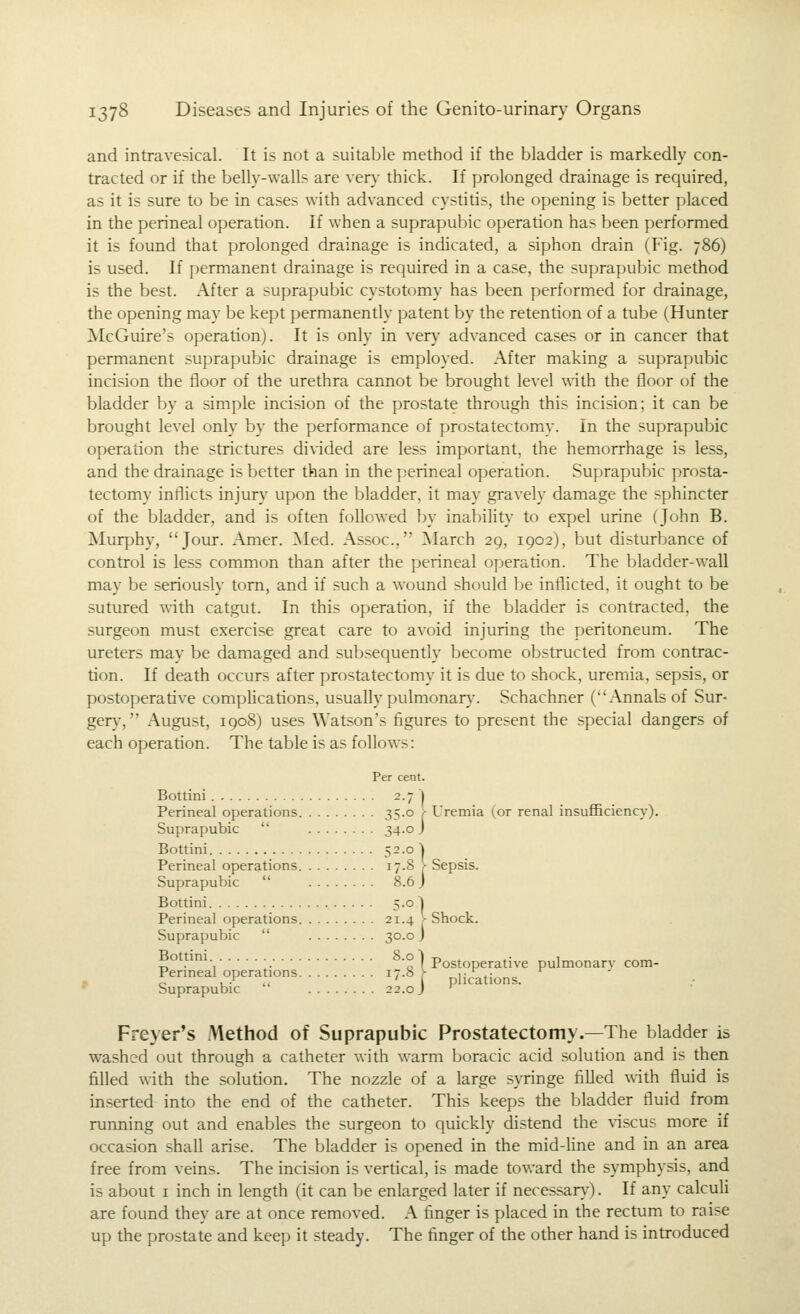 and intravesical. It is not a suitable method if the bladder is markedly con- tracted or if the belly-walls are very thick. If prolonged drainage is required, as it is sure to be in cases with advanced cystitis, the opening is better placed in the perineal operation. If when a suprapubic operation has been performed it is found that prolonged drainage is indicated, a siphon drain (Fig. 786) is used. If permanent drainage is required in a case, the suprapubic method is the best. After a suprapubic cystotomy has been performed for drainage, the opening may be kept permanently patent by the retention of a tube (Hunter ]VIcGuire's operation). It is only in very advanced cases or in cancer that permanent suprapubic drainage is employed. After making a suprapubic incision the floor of the urethra cannot be brought level \nth the floor of the bladder by a simple incision of the prostate through this incision; it can be brought level only by the performance of prostatectomy. In the suprapubic operation the strictures divided are less important, the hemorrhage is less, and the drainage is better than in the};erineal operation. Suprapubic prosta- tectomy inflicts injury upon the bladder, it may gravely damage the sphincter of the bladder, and is often followed by inabilit}- to expel urine (John B. Murphy, Jour. Amer. Med. Assoc, March 29, 1902), but disturbance of control is less common than after the perineal operation. The bladder-wall may be seriously torn, and if such a wound should be inflicted, it ought to be sutured \\ith catgut. In this operation, if the bladder is contracted, the surgeon must exercise great care to avoid injuring the peritoneum. The ureters may be damaged and subsequently become obstructed from contrac- tion. If death occurs after prostatectomy it is due to shock, uremia, sepsis, or postoperative compHcations, usually pulmonan,'. Schachner (Annals of Sur- ger)', August, 1908) uses Watson's figures to present the special dangers of each operation. The table is as follows: Per cent. Bottini 2.7 ^ Perineal operations 35.0 J- Uremia (or renal insufficiency). Suprapubic  34.0 J Bottini 52.0 1 Perineal operations 17.8 > Sepsis. Suprapubic  8.6 J Bottini 5.0 ^ Perineal operations 21.4 V Shock. Suprapubic  30.0 j Bottini b.o I Postoperative pulmonarv com- Penneai operations 17.8 r r ♦,- ^ > „ !_■ <i 1 plications. ^ Suprapubic 22.0 J ^ Freyer*s Method of Suprapubic Prostatectomy.—The bladder is washed out through a catheter with warm boracic acid solurion and is then filled \\ith the solution. The nozzle of a large syringe filled with fluid is inserted into the end of the catheter. This keeps the bladder fluid from running out and enables the surgeon to quickly distend the viscus more if occasion shall arise. The bladder is opened in the mid-hne and in an area free from veins. The incision is vertical, is made toward the symphysis, and is about I inch in length (it can be enlarged later if necessan,-). If any calculi are found they are at once removed. A finger is placed in the rectum to raise up the prostate and keep it steady. The finger of the other hand is introduced