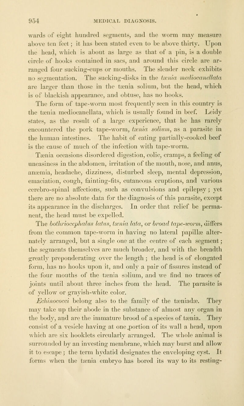 wards of eight lumJred segments, and the worm may measure above ten feet; it has been stated even to be above thirty. Upon the head, which is about as large as that of a i)in, is a double circle of hooks contained in sacs, and around this circle are ar- ranged four sucking-cups or mouths. The slender neck exhibits no segmentation. The suckin<>:-disks in the toenla mcdiocanellala are larger than those in the taenia solium, but the head, whi(;h is of blackish appearance, and obtuse, has no hooks. The form of tape-worm most frequently seen in this country is the taenia mediocanellata, which is usually found in beef. Lcidy states, as the result of a large experience, that he has rarely encountered the pork tape-worm, tsenia solium, as a parasite in the human intestines. The habit of eating partially-cooked beef is the cause of much of the infection with tape-worm. Tsenia occasions disordered digestion, colic, cramps, a feeling of uneasiness in the abdomen, irritation of the mouth, nose, and anus, ausemia, headache, dizziness, disturbed sleep, mental depression, emaciation, cough, fainting-fits, cutaneous eruptions, and various cerebro-spinal affections, such as convulsions and epilepsy ; yet there are no absolute data for the diagnosis of tliis parasite, except its appearance in the discharges. In order that relief be perma- nent, the head must be expelled. The bothriocephalus lotus, tsenia lata, or broad tape-ivorm, differs from the common tape-worm in having no lateral papillae alter- nately arranged, but a single one at the centre of each segment; the segments themselves are much broader, and with the breadth greatly preponderating over the length; the head is of elongated form, has no hooks upon it, and only a pair of fissures instead of the four mouths of the taenia solium, and we find no traces of joints until about three inches from the head. The parasite is of yellow or grayish-white color. Echiaococci belong also to the family of the tseniadae. They may take up their abode in the substance of almost any organ in the body, and are the immature brood of a species of taenia. They consist of a vesicle having at one .portion of its wall a head, upon which are six booklets circularly arranged. The whole animal is surrounded by an investing membrane, which may burst and allow it to escape ; the term hydatid designates the enveloping cyst. It forms when the taenia embryo has bored its way to its resting-