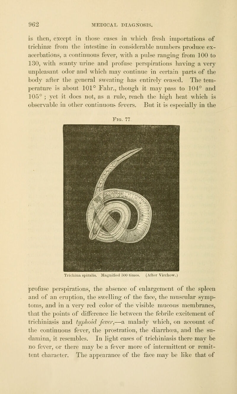 is then, except in those cases in Mhieh fresh importations of trichinae from the intestine in considerable numl)ers produce ex- acerbations, a continuous fever, with a pulse ranging from 100 to 130, with scanty urine and profuse perspirations having a very unpleasant odor and which may continue in certain parts of the body after the general sweating has entirely ceased. The tem- perature is about 101° Fahr., though it may pass to 104° and 105° ; yet it does not, as a rule, reach the high heat which is observable in other continuous fevers. But it is especially in the Fig. 77. Trichina spiralis. Magnified 300 times. {.\fter Virchow.) profuse perspirations, the absence of enlargement of the spleen and of an eruption, the swelling of the face, the muscular symp- toms, and in a very red color of the visible mucous membranes, that the points of difference lie between the febrile excitement of trichiniasis and typlioid fever,—a malady Avhich, on account of the continuous fever, the prostration, the diarrhoea, and the su- damina, it resembles. In light cases of trichiniasis there may be no fever, or there may be a fever more of intermittent or remit- tent character. The appearance of the face may be like that of