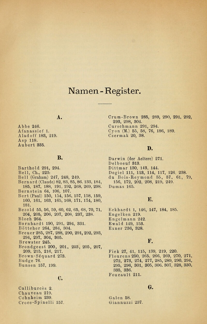 Namen - Register. A. Crum-Brown 285, 289, 290, 291, 292, 293, 298, 304. Abbe 246. Curschmann 291, 294. Afanassief 1. Cyon (M.) 55, 58, 76, 186, 189. Aladoff 183, 219. Czermak 20, 38. Asp 118. Aubert 835. B. Darwin (der Aeltere) 271. Delboeuf 313. Barthold 291, 294. Dittmar 130, 143, 144. Bell, Cb., 228: Dogiel 111, 118, 114, 117, 126, 238. Bell (Graham) 247, 248, 249. du Bois-Reymond 55, 57, 61, 79, Bernard(Claude)82,83, 85, 86. 133, 184, 156, 172, 202, 208, 219, 249. 185, 187, 188, 191, 192, 268, 269, 298. Dumas 165. Bernstein 64, 106, 107. Bert (Paul) 150, 154, 156, 157, 158, 159, 160, 161, 168, 165, 168, 171, 174, 180, 181. Bezold 55, 56, 59, 60, 62, 65, 68, 70, 71, Eckhardt 1, 146, 147, 184, 185. 204, 205, 206, 207, 208, 237, 238. Engelken 219. Bloch 264. Engelmann 242. Bernhardt 190, 291, 294, 331. Ewald 149, 153. Böttcher 264, 284, 304. Exner 236, 328. Breuer 285, 287, 288, 290, 291, 292, 298, 294, 297, 804, 305. Brewster 245. F. Brondgeest 200, 201, 2ö8, 205, 207, 209, 215, 216, 217. Fick 27, 41, 115, 189, 219, 220. Brown-Sequard 273. Flourens 250, 265, 266, 269, 270, 271, Budge 76. 272, 273, 274, 277, 285, 289, 290, 294, Bunsen 157, 199. 295, 296, 301, 305, 306. 807, 328, 330, E. C. 335, 836. Poucault 211. Calliburces 2. CI. Chauveau 219. Cohnheim 239. Galen 58. Croce-Spinelli 157. Giannuzzi 237.