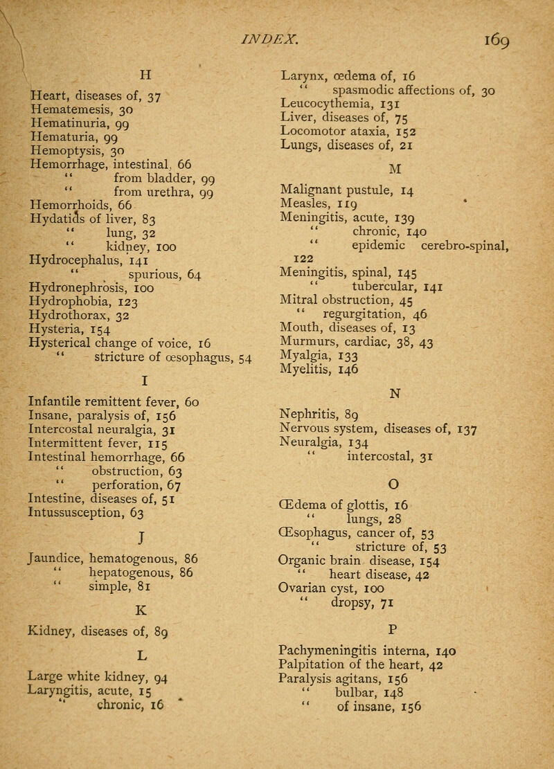 H Heart, diseases of, 37 Hematemesis, 30 Hematinuria, 99 Hematuria, 99 Hemoptysis, 30 Hemorrhage, intestinal, 66  from bladder, 99  from urethra, 99 Hemorrhoids, 66 Hydatids of liver, 83 lung, 32  kidney, 100 Hydrocephalus, 141  ^ spurious, 64 Hydronephrosis, 100 Hydrophobia, 123 Hydro thorax, 32 Hysteria, 154 Hysterical change of voice, 16 ** stricture of oesophagus, 54 Infantile remittent fever, 60 Insane, paralysis of, 156 Intercostal neuralgia, 31 Intermittent fever, 115 Intestinal hemorrhage, 66  obstruction, 63  perforation, 67 Intestine, diseases of, 51 Intussusception, 63 Jaundice, hematogenous, 86  hepatogenous, 86  simple, 81 K Kidney, diseases of, 89 L Large white kidney, 94 Laryngitis, acute, 15 chronic, i6 Larynx, oedema of, 16 *' spasmodic affections of, 30 Leucocythemia, 131 Liver, diseases of, 75 Locomotor ataxia, 152 Lungs, diseases of, 21 M Malignant pustule, 14 Measles, 119 Meningitis, acute, 139  chronic, 140  epidemic cerebro-spinal, 122 Meningitis, spinal, 145  tubercular, 141 Mitral obstruction, 45  regurgitation, 46 Mouth, diseases of, 13 Murmurs, cardiac, 38, 43 Myalgia, 133 Myelitis, 146 N Nephritis, 89 Nervous system, diseases of, 137 Neuralgia, 134  intercostal, 31 O CEdema of glottis, 16 lungs, 28 (Esophagus, cancer of, 53  stricture of, 53 Organic brain disease, 154  heart disease, 42 Ovarian cyst, 100 t  dropsy, 71 Pachymeningitis interna, 140 Palpitation of the heart, 42 Paralysis agitans, 156 bulbar, 148  of insane, 156