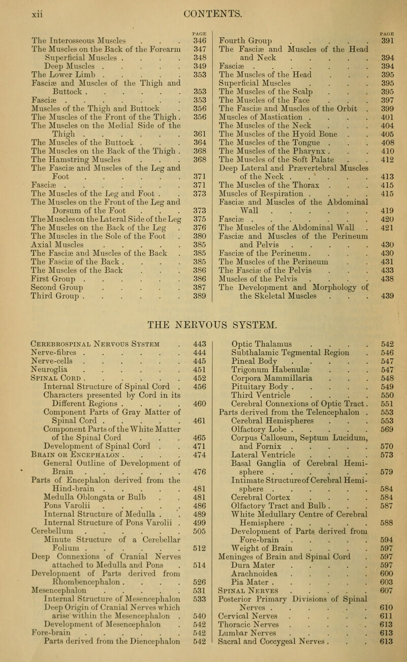 Tlie Interosseous Muscles The Muscles on tlie Back of tlie Forearm Superficial Muscles . Deep Muscles . The Lower Limb . Fascife and Muscles of the Thigh and Buttock Fasciag Muscles of the Thigh and Buttock The Muscles of the^Front of the Thigh The Muscles on the Medial Side of the Thigh The Muscles of the Buttock . The Muscles on the Back of the Thigh The Hamstring Muscles The Fasciae and Muscles of the Leg and Foot Fascice ...... The Muscles of the Leg and Foot . The Muscles on the Front of the Leg and Dor-sum of the Foot The Muscles on the Lateral Side of the Leg The Muscles on the Back of the Leg The Muscles in the Sole of the Foot Axial Muscles .... The Fascife and Muscles of the Back The Fasciae of the Back . The Muscles of the Back First Group . Second Group Third Group . PAGE 346 347 348 349 353 353 353 356 356 361 364 368 368 371 371 373 373 375 376 380 385 385 385 386 386 387 389 Fourth Group The Fasciae and Muscles of the Head and Neck .... Fasciae ...... The Muscles of the Head Superficial Muscles The Muscles of the Scalp The Muscles of the Face The Fascias and Muscles of the Orbit Muscles of Mastication . The Muscles of the Neck The Muscles of the Hyoid Bone The Muscles of the Tongue . The Muscles of the Pharynx . The Muscles of the Soft Palate Deep Lateral and Praevertebral Muscles of the Neck . . ' . The Muscles of the Thorax . Muscles of Eespiration . Fasciae and Muscles of the Abdominal WaU Fasciae ...... The Muscles of the Abdominal Wall Fasciae and Muscles of the Periiieum and Pelvis .... Fasciae of the Perineum. The Muscles of the Perineum The Fasciae of the Pelvis Muscles of the Pelvis The Development and MorjDhology of the Skeletal Muscles PAGE 391 394 394 395 395 395 397 399 401 404 405 408 410 412 413 415 415 419 420 421 430 430 431 433 438 439 THE NEEVOUS SYSTEM. Cerebrospinal Nervous System Nerve-fibres ..... Nerve-cells ..... Neuroglia ..... Spinal Cord Internal Structure of Sj)inal Cord Characters presented by Cord in its Different Eegions . Component Parts of Gray Matter of Spinal Cord .... Component Parts of the White Matter of the Sjjinal Cord Development of Spinal Cord . Brain or Encephalon . General Outline of Development of Brain Parts of Encephalon derived from the Hind-brain .... Medulla Oblongata or Bulb Pons Varolii .... Internal Structure of Medulla . Internal Structure of Pons A^'arolii Cerebellum Minute Structure of a Cerebellar Folium Deep Connexions of Cranial Nerves attached to Medulla and Pons Development of Parts derived from Ilhombencephalon . Mesencephalon .... Internal Structure of Mesencephalon Deep Origin of Cranial Nerves which arise within the Mesencephalon . Development of Mesencephalon Fore-brain ...... Parts derived from the Diencephalon 443 444 445 451 452 456 460 461 465 471 474 476 481 481 486 489 499 505 512 514 526 531 533 540 542 542 542 Optic Thalamus Subthalamic Tegmental Region Pineal Body Trigonum Habenulae Corpora Mammillaria Pituitary Body . Third Ventricle Cerebral Connexions of Optic Tract Parts derived from the Telencephalon Cerebral Hemisj)heres Olfactory Lobe .... Corpus Callosum, Septum Lucidum and Fornix .... Lateral Ventricle Basal Ganglia of Cerebral Hemi sphere Intimate Structure of Cerebral Hemi sphere Cerebral Cortex Olfactory Tract and Bulb . White Medullary Centre of Cerebral Hemisjjhere . Develoj^ment of Parts derived from Fore-brain .... Weight of Brain Meninges of Brain and Spinal Cord Dura Mater .... Arachnoidea .... Pia Mater Spinal Nerves .... Posterior Primary Divisions of Spinal Nerves . Cervical Nerves Thoracic Nerves Lumbar Nerves Sacral and Coccygeal Nerves 542 546 547 547 548 549 550 551 553 553 569 570 573 579 584 584 587 588 594 597 597 597 600 603 607 610 611 613 613 613