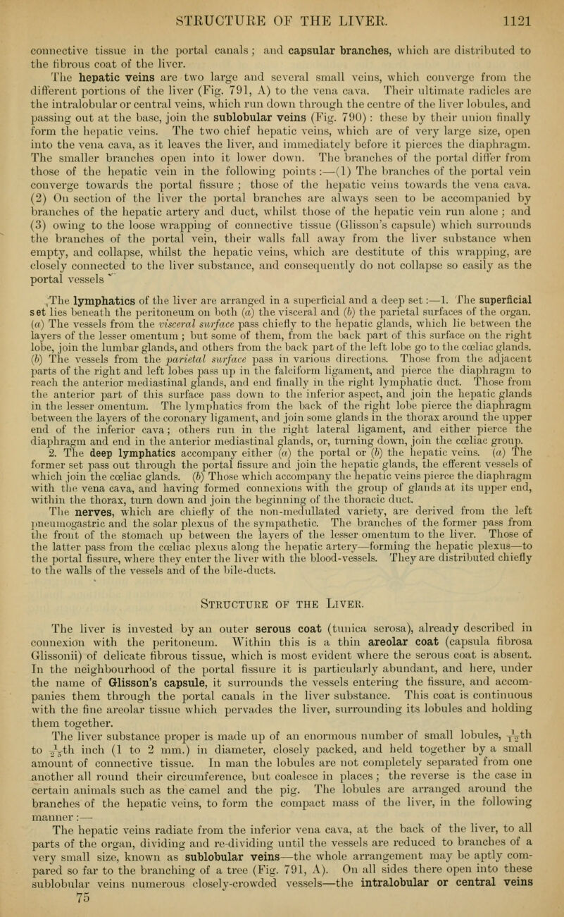 connective tissue in the portal canals; and capsular branches, which are distributed to the hbrous coat of the liver. The hepatic veins are two large and several small veins, which converge from the different portions of the liver (Fig. 791, A) to the vena cava. Their ultimate radicles are the intralobular or central veins, which run down through the centre of the liver lobules, and passing out at the base, join the sublobular veins (Fig. 790): these by their union finally form the hepatic veins. The two chief hepatic veins, which are of very large size, open into the vena cava, as it leaves the liver, and immediately before it pierces the diaphragm. The smaller branches open into it lower down. The branches of the portal differ from those of the hepatic vein in the following points:—(1) The branches of the portal vein converge towards the portal fissure ; those of the hepatic veins towards the vena cava. (2) On section of the liver the portal branches are always seen to be accompanied by branches of the hepatic artery and duct, whilst those of the hepatic vein run alone; and (3) owing to the loose wrapping of connective tissue (Glisson's capsule) which surrounds the branches of the portal vein, their walls fall away from the liver substance when empty, and collapse, whilst the hepatic veins, which are destitute of this wrapping, are closely connected to the liver substance, and consequently do not collapse so easily as the portal vessels ^ _,Tlie lymphatics of the liver are arranged in a superficial and a deep set:—1. Tlie superficial set lies beneath the iieritoneum on botli (a) the visceral and (h) the parietal surfaces of the organ. («) The vessels from the visceral surface pass cliiefly to the hepatic glands, which lie between the layers of the lesser omentum ; but some of them, from the back part of this surface on the right lobe, join the lumbar glands, and others from the back part of the left lobe go to the coiliac glands. (b) The vessels from the parietal surface pass in various directions. Those from the adjacent parts of the right and left lobes pass up in the falciform ligament, and jiierce the diaphragm to reach the anterior mediastinal glands, and end finally in the right lymphatic duct. Those from the anterior part of this surface pass down to the inferior aspect, and join the hepatic glands in the lesser omentum. The lymphatics from the back of the right lobe pierce the diaphragm between the layers of the coronary ligament, and join some glands in the thorax around the upper end of the inferior cava; others run in the right lateral ligament, and either pierce the diaphragm and end in the anterior mediastinal glands, or, turning down, join the cceliac groui^. 2. The deep lymphatics accompany either (o) the portal or (b) the hepatic veins, (a) The former set pass out through the portal fissure and join the hejiatic glands, the efferent vessels of which join the cceliac glands, (b) Those which accompany the hejjatic veins pierce the diaphragm with the vena cava, and having formed connexions with the group of glands at its upper end, wuthin the thorax, turn down and join the beginning of the thoracic duct. The nerves, which are chiefly of the non-medulla ted vai'iety, are derived from the left jineuuiogastric and the solar plexus of the sympathetic. The branches of the former pass from the front of the stomach up between the layers of the lesser omentum to the liver. Those of the latter pass from the cceliac plexus along the hepatic artery—forming the hepatic plexus—to the portal fissure, where they enter the liver with the blood-vessels. They are distributed chiefly to the walls of the vessels and of the bile-ducts. Structure of the Liver. The liver is invested by an outer serous coat (tunica serosa), already described in connexion with the peritoneum. Within this is a thin areolar coat (capsula fibrosa Glissonii) of delicate fibrous tissue, which is most evident where the serous coat is absent. In the neighbourhood of the portal fissure it is particularly abundant, and here, under the name of Glisson's capsule, it surrounds the vessels entering the fissure, and accom- panies them through the portal canals in the liver substance. This coat is continuous with the fine areolar tissue which pervades the liver, surrounding its lobules and holding them together. The liver substance proper is made up of an enormous number of small lobules, yVth to TT^th inch (1 to 2 mm.) in diameter, closely packed, and held together by a small amount of connective tissue. In man the lobules are not completely separated from one another all round their circumference, but coalesce in places; the reverse is the case in certain animals such as the camel and the pig. The lobules are arranged around the branches of the hepatic veins, to form the compact mass of the liver, in the following manner:— The hepatic veins radiate from the inferior vena cava, at the back of the liver, to all parts of the organ, dividing and re-dividing until the vessels are reduced to branches of a very small size, known as sublobular veins—the whole arrangement may be aptly com- pared so far to the branching of a tree (Fig. 791, A). On all sides there open into these sublobular veins numerous closely-crowded vessels—the intralobular or central veins 75