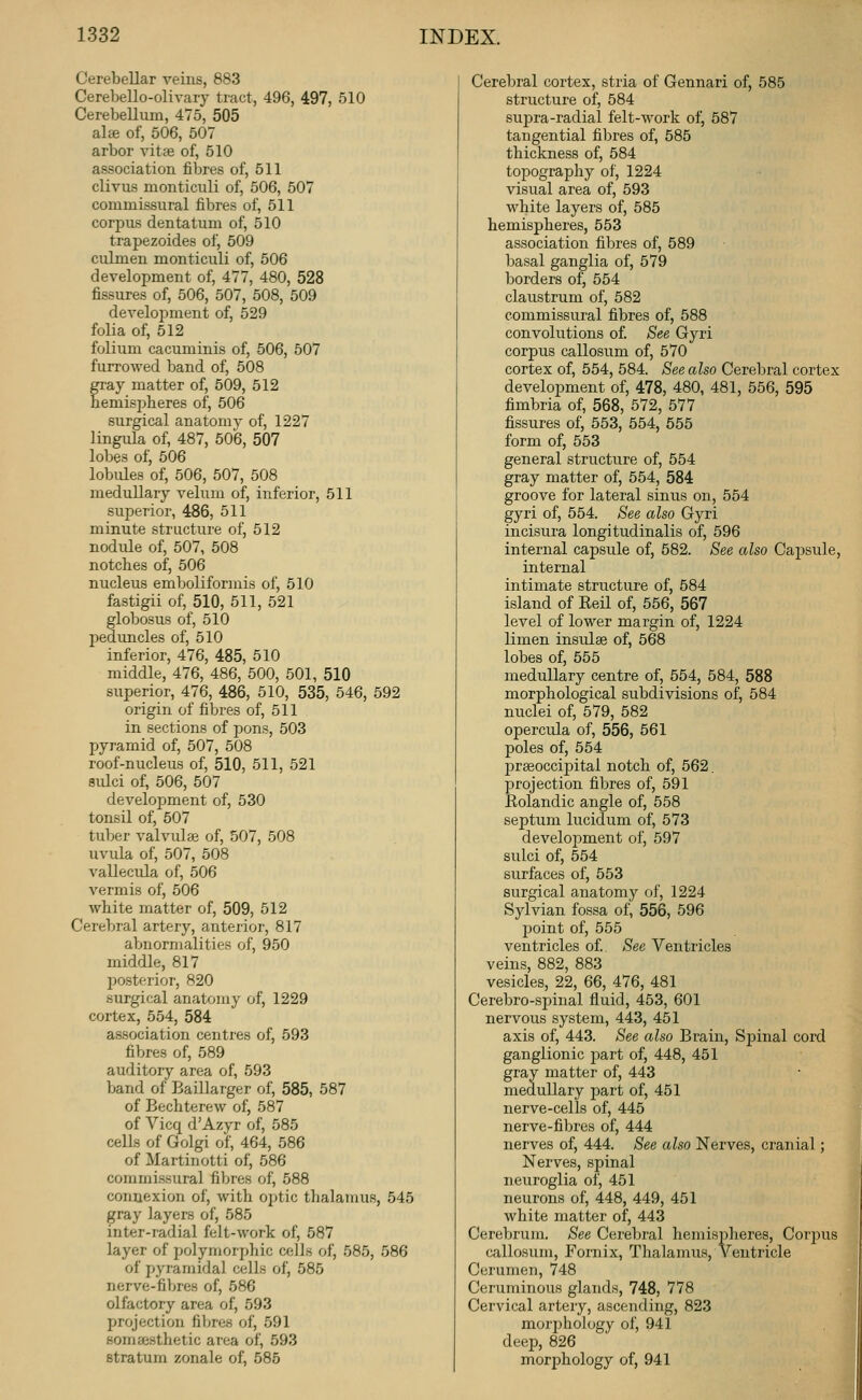 Cerebellar veins, 883 Cerebello-olivary tract, 496, 497, 510 Cerebellum, 475, 505 alae of, 506, 507 arbor vitae of, 510 association fibres of, 511 clivus monticuli of, 506, 507 commissural fibres of, 511 corpus dentatum of, 510 trapezoides of, 509 culmen monticuli of, 506 development of, 477, 480, 528 fissures of, 506, 507, 508, 509 development of, 529 folia of, 512 folium cacuminis of, 506, 507 furrowed band of, 508 gi'ay matter of, 509, 512 hemispheres of, 606 surgical anatomy of, 1227 lingula of, 487, 506, 507 lobes of, 506 lobides of, 506, 507, 508 medullary velum of, inferior, 511 superior, 486, 511 minute structure of, 512 nodide of, 507, 508 notches of, 506 nucleus emboliformis of, 510 fastigii of, 510, 511, 521 globosus of, 510 peduncles of, 510 inferior, 476, 485, 510 middle, 476, 486, 500, 501, 510 superior, 476, 486, 510, 535, 546, 592 origin of fibres of, 511 in sections of pons, 503 pyramid of, 507, 508 roof-nucleus of, 510, 511, 521 sidci of, 506, 507 development of, 530 tonsil of, 507 tuber valvulaj of, 507, 508 uvula of, 507, 508 A'allecula of, 506 vermis of, 506 white matter of, 509, 512 Cerebral artery, anterior, 817 abnormalities of, 950 middle, 817 l^osterior, 820 surgical anatomy of, 1229 cortex, 554, 584 association centres of, 593 fibres of, 589 auditory area of, 593 band of Baillarger of, 585, 587 of Bechterew of, 587 of Vicq d'Azyr of, 585 cells of Golgi of, 464, 586 of Martinotti of, 586 commissural fibres of, 588 connexion of, with optic thalamus, 545 gray layers of, 585 inter-radial felt-work of, 587 layer of polymorphic cells of, 585, 586 of pyramidal cells of, 585 nerve-fibres of, 586 olfactory area of, 593 projection fibres of, 591 somajsthetic area of, 593 stratum zonale of, 685 Cerebral cortex, stria of Gennari of, 585 structure of, 584 supra-radial felt-work of, 687 tangential fibres of, 585 thickness of, 584 topography of, 1224 visual area of, 593 white layers of, 585 hemispheres, 553 association fibres of, 689 basal ganglia of, 579 borders of, 554 claustrum of, 582 commissural fibres of, 588 convolutions of See Gyri corpus callosum of, 670 cortex of, 654, 584. See also Cerebral cortex development of, 478, 480, 481, 556, 595 fimbria of, 568, 572, 577 fissures of, 653, 554, 855 form of, 553 general structure of, 554 gray matter of, 554, 584 groove for lateral sinus on, 554 gyri of, 554. See also Gyri incisura longitudinalis of, 696 internal capsule of, 682. See also Capsule, internal intimate structure of, 684 island of Reil of, 556, 567 level of lower margin of, 1224 limen insulse of, 668 lobes of, 556 medullary centre of, 554, 584, 588 morphological subdivisions of, 684 nuclei of, 579, 582 operciila of, 556, 561 poles of, 564 praeoccipital notch of, 562. projection fibres of, 591 Rolandic angle of, 558 septum lucidum of, 573 development of, 597 sulci of, 554 surfaces of, 563 surgical anatomy of, 1224 Sylvian fossa of, 556, 696 point of, 556 ventricles of See Ventricles veins, 882, 883 vesicles, 22, 66, 476, 481 Cerebro-spinal fluid, 453, 601 nervous system, 443, 451 axis of, 443. See also Brain, Spinal cord ganglionic part of, 448, 461 gray matter of, 443 medullary part of, 461 nerve-cells of, 445 nerve-fibres of, 444 nerves of, 444. See also Nerves, cranial; Nerves, spinal neuroglia of, 451 neurons of, 448, 449, 461 white matter of, 443 Cerebrum. See Cerebral hemispheres. Corpus callosum. Fornix, Thalamus, ventricle Cerumen, 748 Ceruminous glands, 748, 778 Cervical artery, ascending, 823 morphology of, 941 deep, 826 morphology of, 941