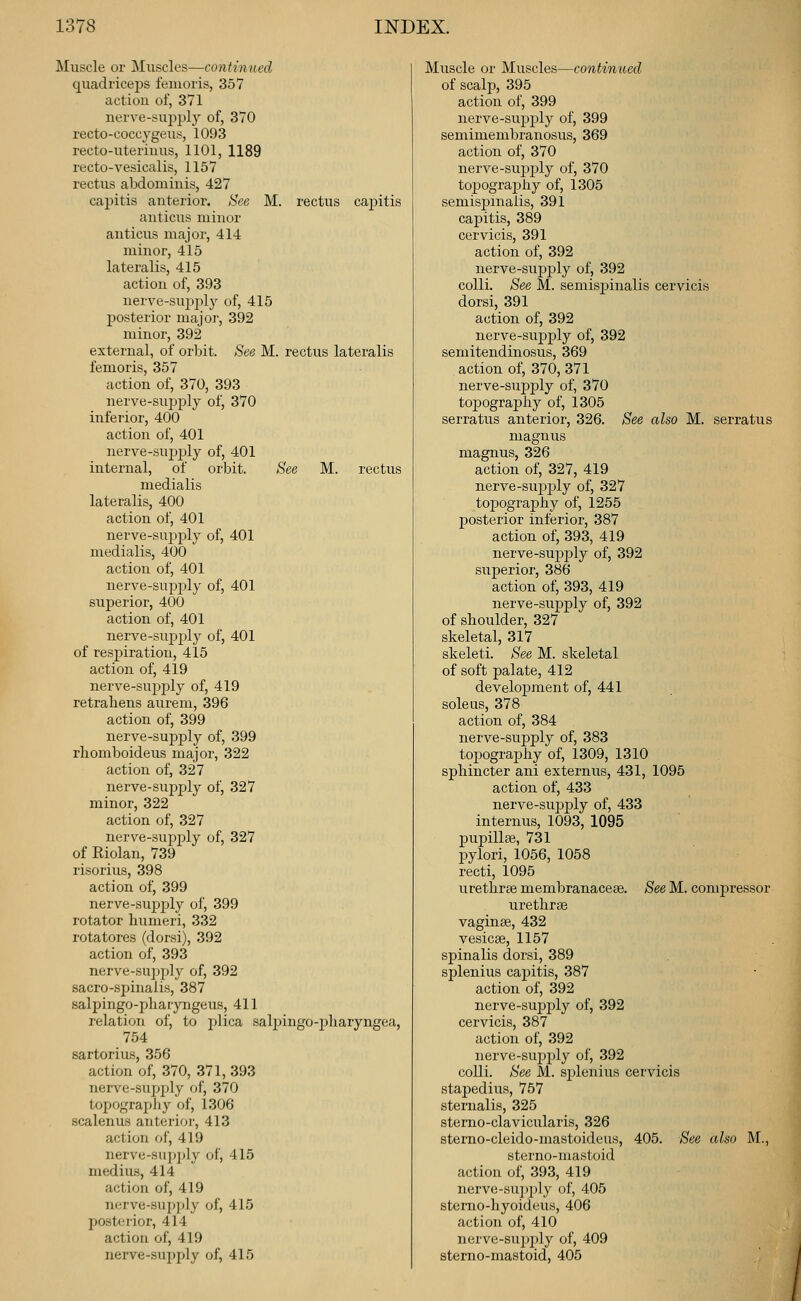 Muscle or Muscles—continued quadriceps fenioris, 357 action of, 371 nerve-sujjply of, 370 recto-coccygeus, 1093 recto-uteriiius, 1101, 1189 recto-vesicalis, 1157 rectus abdominis, 427 caj)itis anterior. Hec M. rectus caj)itis anticus minor anticus major, 414 minor, 415 lateralis, 415 action of, 393 nerve-su232^1y of, 415 Ijosterior major, 392 minor, 392 external, of orbit. See M. rectus lateralis femoris, 357 action of, 370, 393 nerve-suj^ply of, 370 inferior, 400 action of, 401 nerve-sui3j)ly of, 401 internal, of orbit. See M. rectus medialis lateralis, 400 action of, 401 nerve-sujiply of, 401 medialis, 400 action of, 401 nerve-supi^ly of, 401 superior, 400 action of, 401 nerve-su2Dj)ly of, 401 of respiration, 415 action of, 419 nerve-sujjj^ly of, 419 retraliens aurem, 396 action of, 399 nerve-supply of, 399 rhomboideus major, 322 action of, 327 nerve-supply of, 327 minor, 322 action of, 327 nerve-supjjly of, 327 of Riolan, 739 risorius, 398 action of, 399 nerve-sujjply of, 399 rotator humeri, 332 rotatores (dorsi), 392 action of, 393 nerve-sup2:)ly of, 392 sacro-si^inalis, 387 salpingo-pliaryngeus, 411 relation of, to plica salpingo-pliarynge;i, 754 sartoriuH, 356 action of, 370, 371, 393 nerve-supply (jf, 370 topograjjhy of, 1306 scalenus anterioi', 413 action of, 419 nerve-sujjply of, 415 mediiLS, 414 action of, 419 nerve-sup] )ly of, 415 posterior, 414 action of, 419 nerve-supply of, 415 Muscle or Muscles—continued of scalp, 395 action of, 399 nerve-suijj^l}'- of, 399 semimembranosus, 369 action of, 370 nerve-su2Jj)ly of, 370 topograpliy of, 1305 semisjomaiis, 391 capitis, 389 cervicis, 391 action of, 392 nerve-supj)ly of, 392 colli. See M. semisjpinalis cervicis dorsi, 391 action of, 392 nerve-supply of, 392 semitendinosus, 369 action of, 370,371 nerve-supply of, 370 tojDography of, 1305 serratus anterior, 326. See also M. serratus magnus magnus, 326 action of, 327, 419 nerve-sujDply of, 327 topography of, 1255 posterior inferior, 387 action of, 393, 419 nerve-sujoply of, 392 superior, 386 action of, 393, 419 nerve-supply of, 392 of shoulder, 327 skeletal, 317 skeleti. See M. skeletal of soft palate, 412 develojDment of, 441 soleus, 378 action of, 384 nerve-supply of, 383 topography of, 1309, 1310 sphincter ani externus, 431, 1095 action of, 433 nerve-supply of, 433 internus, 1093, 1095 pupillee, 731 pylori, 1056, 1058 recti, 1095 urethrae membranaceae. See M. conijjressor urethrse vaginae, 432 vesicae, 1157 spinalis dorsi, 389 splenius capitis, 387 action of, 392 nerve-supply of, 392 cervicis, 387 action of, 392 nerve-sujjply of, 392 colli. See M. splenius cervicis stapedius, 757 sternalis, 325 sterno-clavicularis, 326 sterno-cleido-mastoideus, 405. See also M., sterno-mastoid action of, 393, 419 nerve-su2)ply of, 405 stemo-hyoideus, 406 action of, 410 nerve-supply of, 409 sterno-mastoid, 405