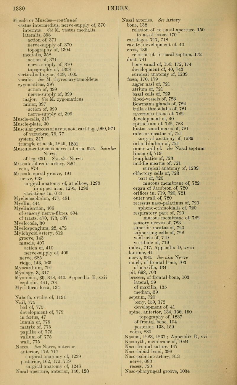 Muscle or Muscles—continued vastus intermedius, nerve-suj^jily of, 370 iutenius. See ]\I. vastus medialis lateralis, 358 action of, 371 nerve-supply of, 370 topograpliy of, 1304 medialis, 358 action of, 371 nerve-supply of, 370 topograj)hy of, 1308 verticalis lingute, 409, 1005 vocalis. /S'ee M. thyreo-arytasnoideus zygomaticus, 397 action of, 399 nerve-supply of, 399 major. Hee M. zygomaticus minor, 397 action of, 399 nerve-sujjply of, 399 Muscle-cells, 317 Muscle-plate, 30 Muscular process of aryttenoid cartilage, 960, 971 of vertebrae, 76, 77 system, 317 triangle of neck, 1249, 1251 Musculo-cutaneous nerve, of arm, 627. See cdso Nerve of leg, 651. See also Nerve Musculo-iihrenic artery, 826 vein, 874 Musculo-spiral groove, 191 nerve, 632 surgical anatomy of, at elbow, 1298 in ujjper arm, 1295, 1296 variations in, 673 Myelenceplialon, 477, 481 Myelin, 444 Myelinisation, 466 of sensory nerve-fibres, 594 of tracts, 470, 473, 537 Myelocoele, 30 Myelospongium, 22, 472 Myloliyoid artery, 812 groove, 143 muscle, 407 action of, 410 nerve-supply of, 409 nerve, 685 ridge, 143, 165 Myocardium, 791 Myology, 3, 317 Myotomes, 30, 318, 440, Appendix E, xxii cephalic, 441, 701 Myrtiform fossa, 134 Naboth, ovules of, 1191 Nail, 775 bed of, 775 development of, 779 in fcetus, 47 lunula of, 775 matiix of, 775 papilla; of, 775 vallum of, 775 wall, 775 Nares. See Nares, anterior anterior, 172, 717 surgical anatomy of, 1239 posterior, 162, 172, 719 surgical anatomy of, 1246 Nasal aperture, anterior, 146, 150 Nasal arteries. See Artery bone, 132 relation of, to nasal aperture, 150 to nasal fossae, 170 cartilages, 717, 718 cavity, development of, 40 crest, 136 relation of, to nasal septum, 172 duct, 741 bony canal of, 150, 172, 174 development of, 40, 743 surgical anatomy of, 1239 fossa, 170, 179 agger nasi of, 721 atrium of, 721 basal cells of, 723 blood-vessels of, 723 Bowman's glands of, 722 bulla ethmoidalis of, 721 cavernous tissue of, 722 development of, 40 epithelium of, 722, 723 hiatus semilunaris of, 721 inferior meatus of, 721 surgical anatomy of, 1239 infundibulum of, 721 inner wall of. See Nasal septum limen of, 719 lymphatics of, 723 middle meatus of, 721 surgical anatomy of, 1239 olfactory cells of, 723 part of, 720 mucous membrane of, 722 organ of Jacobson of, 720 orifices in, 719, 720, 721 outer wall of, 720 recessus naso-palatinus of, 720 spheno-ethmoidalis of, 720 respiratory part of, 720 mucous membrane of, 722 sensory nerves of, 723 superior meatus of, 720 supporting cells of, 722 ventricle of, 719 vestibule of, 719 iiidex, 717, Appendix D, xviii laminee, 41 nerve, 680. See also Nerve notch, of frontal bone, 103 of maxilla, 134 pit, 698, 703 process, of frontal bone, 103 lateral, 39 of maxilla, 135 median, 39 sejitum, 720 bony, 159, 172 develojiment of, 41 sjiine, anterior, 134, 136, 150 topography of, 1237 of frontal bone, 104 posterior, 138, 159 veins, 880 Nasion, 1223, 1237 ; Appendix D, xvi Nasmyth, memlu'ane of, 1024 Naso-frontal suture, 147 Naso-labial Imnd, 398 Naso-palatine artery, 813 nerve, 683 recess, 720 Naso-pharyngeal groove, 1034