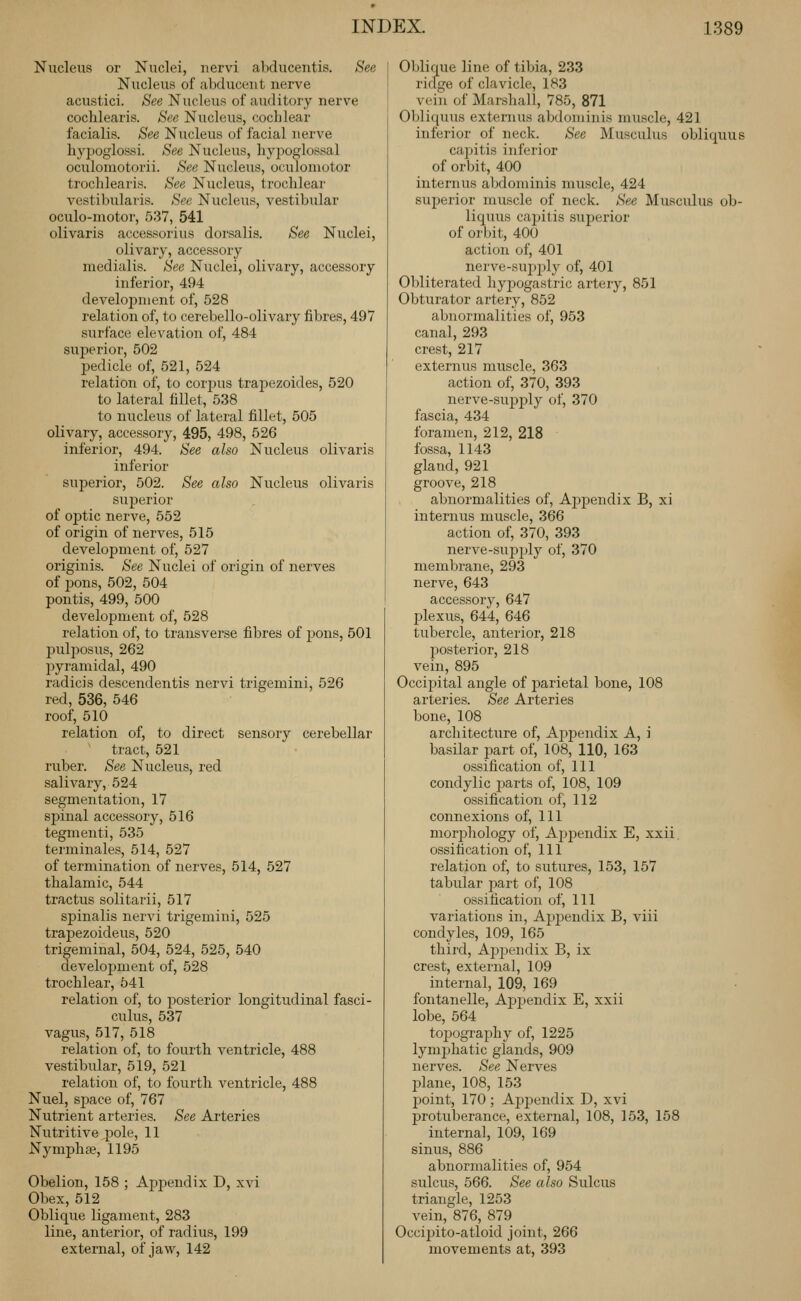Nucleus or Nuclei, nervi aliducentis. See Nucleus of abducent nerve acustici. See Nucleus of auditory nerve cochlearis. See Nucleus, cochlear facialis. See Nucleus of facial nerve hypoglossi. See Nucleus, hypoglossal oculomotorii. See Nucleus, oculomotor trochlearis. See Nucleus, trochlear vestibularis. Sec Nucleus, vestibular oculo-motor, 537, 541 olivaris accessorius dorsalis. See Nuclei, olivary, accessory medialis. See Nuclei, olivary, accessory inferior, 494 develoi3nient of, 528 relation of, to cerebello-olivary fibres, 497 surface elevation of, 484 superior, 502 pedicle of, 521, 524 relation of, to corpus trapezoides, 520 to lateral fillet, 538 to nucleus of lateral fillet, 505 olivary, accessory, 495, 498, 526 inferior, 494. See also Nucleus olivaris inferior superior, 502. See also Nucleus olivaris superior of optic nerve, 552 of origin of nerves, 515 development of, 527 originis. See Nuclei of origin of nerves of pons, 502, 504 pontis, 499, 500 development of, 528 relation of, to transverse fibres of pons, 501 puljjosus, 262 pyramidal, 490 radicis descendentis nervi trigemini, 526 red, 536, 546 roof, 510 relation of, to direct sensory cerebellar tract, 521 ruber. See Nucleus, red salivary, 524 segmentation, 17 spinal accessory, 516 tegmenti, 535 terminales, 514, 527 of termination of nerves, 514, 527 thalamic, 544 tractus solitarii, 517 spinalis nervi trigemini, 525 trapezoideus, 520 trigeminal, 504, 524, 525, 540 develoj)nient of, 528 trochlear, 541 relation of, to posterior longitudinal fasci- culus, 537 vagus, 517, 518 relation of, to fourth ventricle, 488 vestibular, 519, 521 relation of, to fourth ventricle, 488 Nuel, space of, 767 Nutrient arteries. See Arteries Nutritive j3ole, 11 Nymphas, 1195 Obelion, 158 ; Appendix D, xvi Obex, 512 Oblique ligament, 283 line, anterior, of radius, 199 external, of jaw, 142 Oblique line of tibia, 233 ridge of clavicle, 183 vei]i of Marshall, 785, 871 Obliquus extern us abdominis muscle, 421 inferior of neck. See Musculus obliquus capitis inferior of orbit, 400 internus abdominis muscle, 424 superior muscle of neck. See Musculus ob- liquus capitis superior of orbit, 400 action of, 401 nerve-sujjply of, 401 Obliterated hypogastric artery, 851 Obturator artery, 852 abnormalities of, 953 canal, 293 crest, 217 externus muscle, 363 action of, 370, 393 nerve-sujjply of, 370 fascia, 434 foramen, 212, 218 fossa, 1143 gland, 921 groove, 218 abnormalities of, ApjDendix B, xi internus muscle, 366 action of, 370, 393 nerve-supply of, 370 membrane, 293 nerve, 643 accessory, 647 plexus, 644, 646 tubercle, anterior, 218 p)Osterior, 218 vein, 895 Occijiital angle of parietal bone, 108 arteries. See Arteries bone, 108 architecture of, AjJiJendix A, i basilar part of, 108, 110, 163 ossification of. 111 condylic parts of, 108, 109 ossification of, 112 connexions of. 111 morphology of, Ajjjaendix E, xxii. ossification of. 111 relation of, to sutures, 153, 157 tabular part of, 108 ossification of. 111 variations in. Appendix B, viii condyles, 109, 165 third, AjDjiendix B, ix crest, external, 109 internal, 109, 169 fontanelle, Ajsi^endix E, xxii lobe, 564 tojjography of, 1225 lymjihatic glands, 909 nerves. See Nerves plane, 108, 153 point, 170 ; Aj^pendix D, xvi protuberance, external, 108, 153, 158 internal, 109, 169 sinus, 886 abnormalities of, 954 sulcus, 566. See also Sulcus triangle, 1253 vein, 876, 879 Occijjito-atloid joint, 266 movements at, 393