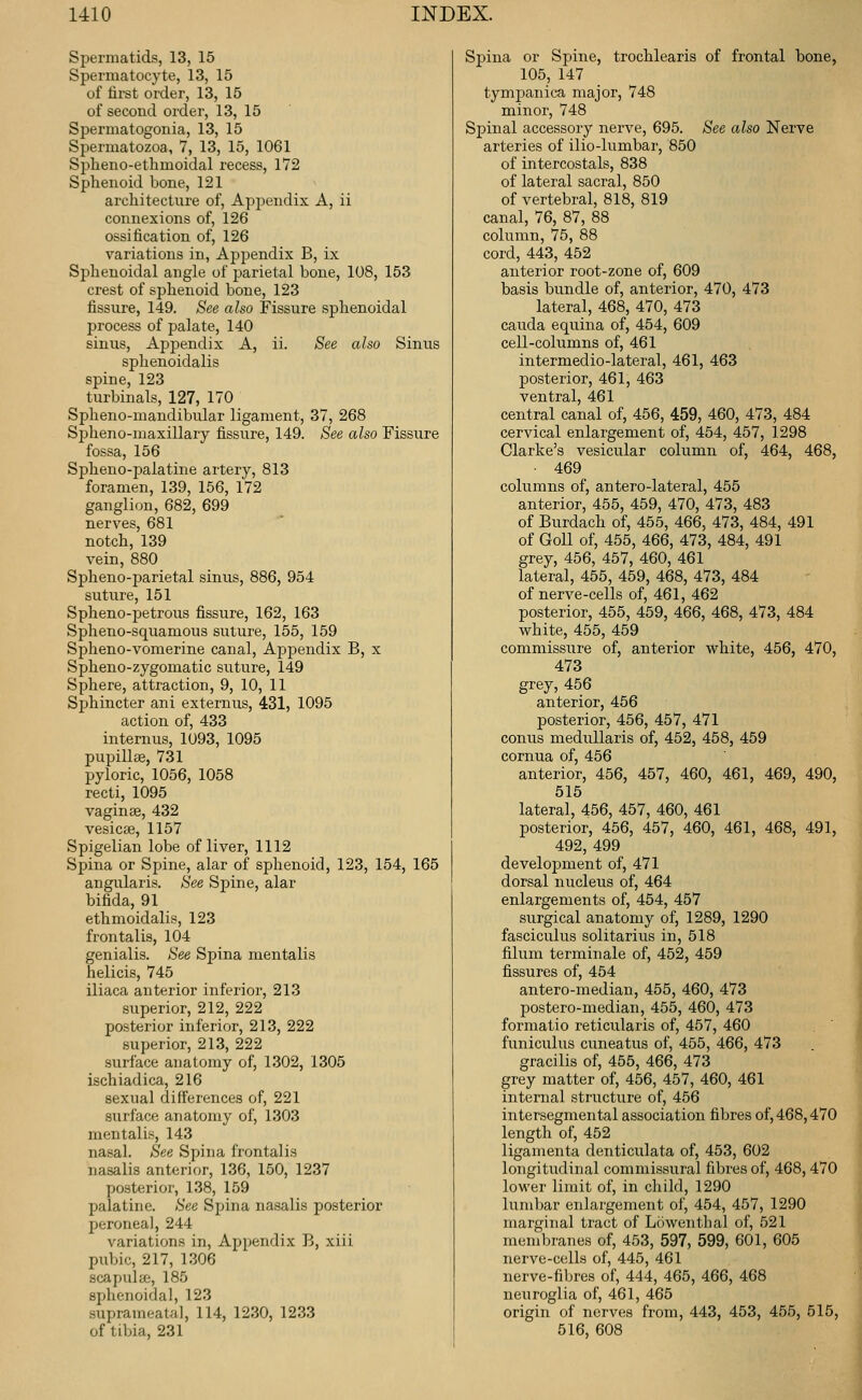 Spermatids, 13, 15 Spermatocyte, 13, 15 of first order, 13, 15 of second order, 13, 15 Spermatogonia, 13, 15 Spermatozoa, 7, 13, 15, 1061 Spheno-ethmoidal recess, 172 Sphenoid bone, 121 architecture of, Api:)endix A, ii connexions of, 126 ossification of, 126 variations in, Appendix B, ix Sphenoidal angle of parietal bone, 108, 153 crest of sphenoid bone, 123 fissure, 149. See also Fissure sphenoidal process of palate, 140 sinus. Appendix A, ii. See also Sinus sphenoidalis spine, 123 turbinals, 127, 170 Spheno-mandibular ligament, 37, 268 Spheno-maxillary fissure, 149. See also Fissure fossa, 156 Spheno-palatine artery, 813 foramen, 139, 156, 172 ganglion, 682, 699 nerves, 681 notch, 139 vein, 880 Spheno-parietal sinus, 886, 954 suture, 151 Spheno-petrous fissure, 162, 163 Spheno-squamous suture, 155, 159 Spheno-vomerine canal. Appendix B, x Spheno-zygomatic suture, 149 Sphere, attraction, 9, 10, 11 Sphincter ani externus, 431, 1095 action of, 433 internus, 1093, 1095 pupillae, 731 pyloric, 1056, 1058 recti, 1095 vaginae, 432 vesicae, 1157 Spigelian lobe of liver, 1112 Spina or Spine, alar of sphenoid, 123, 154, 165 angularis. See Spine, alar bifida, 91 ethmoidalis, 123 frontalis, 104 genialis. See Spina mentalis helicis, 745 iliaca anterior inferior, 213 superior, 212, 222 posterior inferior, 213, 222 superior, 213, 222 surface anatomy of, 1302, 1305 ischiadica, 216 sexual differences of, 221 surface anatomy of, 1303 mentalis, 143 nasal. See Spina frontalis nasalis anterior, 136, 150, 1237 posterior, 138, 159 palatine. See Spina nasalis posterior peroneal, 244 variations in, Appendix B, xiii pubic, 217, 1306 scapula;, 185 sphenoidal, 123 suprameatal, 114, 1230, 1233 of tibia, 231 Spina or Spine, trochlearis of frontal bone, 105, 147 tympanica major, 748 minor, 748 Spinal accessory nerve, 695. See also Nerve arteries of ilio-lumbar, 850 of intercostals, 838 of lateral sacral, 850 of vertebral, 818, 819 canal, 76, 87, 88 column, 75, 88 cord, 443, 452 anterior root-zone of, 609 basis bundle of, anterior, 470, 473 lateral, 468, 470, 473 Cauda equina of, 454, 609 cell-columns of, 461 intermedio-lateral, 461, 463 posterior, 461, 463 ventral, 461 central canal of, 456, 459, 460, 473, 484 cervical enlargement of, 454, 457, 1298 Clarke's vesicular column of, 464, 468, ■ 469 columns of, antero-lateral, 455 anterior, 455, 459, 470, 473, 483 of Burdach of, 455, 466, 473, 484, 491 of Goll of, 455, 466, 473, 484, 491 grey, 456, 457, 460, 461 lateral, 455, 459, 468, 473, 484 of nerve-cells of, 461, 462 posterior, 455, 459, 466, 468, 473, 484 white, 455, 459 commissure of, anterior white, 456, 470, 473 grey, 456 anterior, 456 posterior, 456, 457, 471 conus medullaris of, 452, 458, 459 cornua of, 456 anterior, 456, 457, 460, 461, 469, 490, 515 lateral, 456, 457, 460, 461 posterior, 456, 457, 460, 461, 468, 491, 492, 499 development of, 471 dorsal nucleus of, 464 enlargements of, 454, 457 surgical anatomy of, 1289, 1290 fasciculus solitarius in, 518 filum terminale of, 452, 459 fissures of, 454 antero-median, 455, 460, 473 postero-median, 455, 460, 473 formatio reticularis of, 457, 460 funiculus cuneatus of, 455, 466, 473 gracilis of, 455, 466, 473 grey matter of, 456, 457, 460, 461 internal strvicture of, 456 intersegmental association fibres of, 468,470 length of, 452 ligamenta denticulata of, 453, 602 longitudinal commissural fibres of, 468,470 lower limit of, in child, 1290 lumbar enlargement of, 454, 457, 1290 marginal tract of Lriwentlial of, 521 membranes of, 453, 597, 599, 601, 605 nerve-cells of, 445, 461 nerve-fibres of, 444, 465, 466, 468 neuroglia of, 461, 465 origin of nerves from, 443, 453, 455, 515, 516, 608