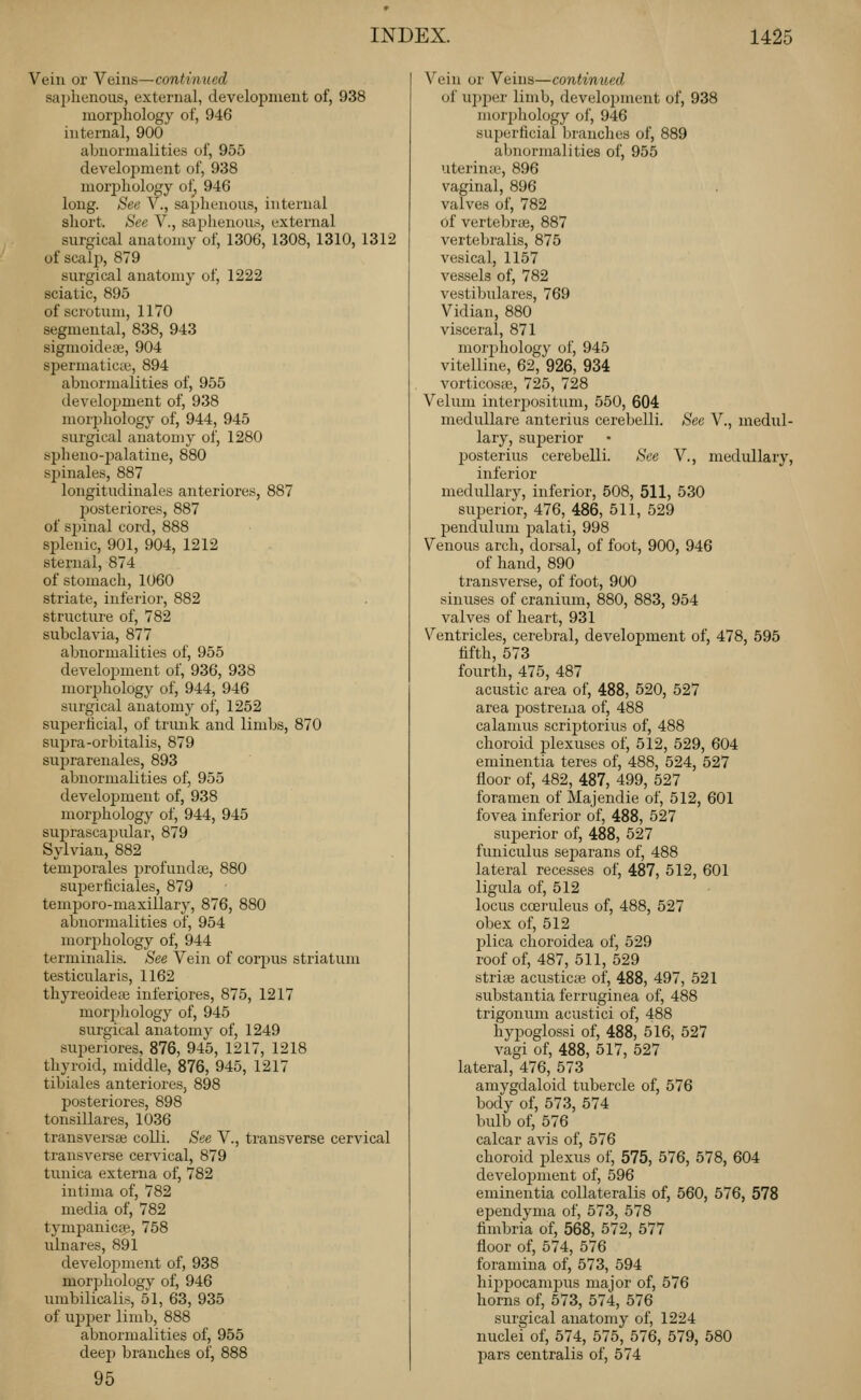 Vein or Veins—continued saphenous, external, development of, 938 moriDhology of, 946 internal, 900 abnormalities of, 955 development of, 938 morj)hology ot!, 946 long. See V., saphenous, internal short. See V., saphenous, external surgical anatomy of, 1306, 1308, 1310, 1312 of scalp, 879 surgical anatomy of, 1222 sciatic, 895 of scrotum, 1170 segmental, 838, 943 sigmoideae, 904 spermatici\;, 894 abnormalities of, 955 development of, 938 morphology of, 944, 945 surgical anatomy of, 1280 spheno-jmlatine, 880 spinales, 887 longitudinales anteriores, 887 posteriores, 887 of spinal cord, 888 splenic, 901, 904, 1212 sternal, 874 of stomach, 1060 striate, inferior, 882 structure of, 782 subclavia, 877 abnormalities of, 955 development of, 936, 938 morphology of, 944, 946 surgical anatomy of, 1252 superlicial, of trunk and limbs, 870 supra-orbitalis, 879 suprarenales, 893 abnormalities of, 955 development of, 938 moriJhology of, 944, 945 suprascapular, 879 Sylvian, 882 temj)orales profundte, 880 suiDerficiales, 879 temporo-maxillary, 876, 880 abnormalities of, 954 morphology of, 944 terminalis. See Vein of corpus striatum testicularis, 1162 thyreoideas inferiores, 875, 1217 mor2)hology of, 945 surgical anatomy of, 1249 superiores, 876, 945, 1217, 1218 thyroid, middle, 876, 945, 1217 tibiales anteriores, 898 posteriores, 898 tonsillares, 1036 transversee colli. See V., transverse cervical transverse cervical, 879 tunica externa of, 782 intima of, 782 media of, 782 tympanica?, 758 ulnares, 891 develojiment of, 938 morphology of, 946 umbilicalis, 51, 63, 935 of uptj^er limb, 888 abnormalities of, 955 deep branches of, 888 95 Vein or Veins—continued of upi:)er limb, develoiiment of, 938 morjjhology of, 946 superficial branches of, 889 abnormalities of, 955 uterime, 896 vaginal, 896 valves of, 782 of vertebrae, 887 vertebralis, 875 vesical, 1157 vessels of, 782 vestibulares, 769 Vidian, 880 visceral, 871 morphology of, 945 vitelline, 62, 926, 934 vorticosa3, 725, 728 Velum interpositum, 550, 604 medullare anterius cerebelli. See V., medul- lary, superior posterius cerebelli. See V., medullary, inferior medullary, inferior, 508, 511, 530 superior, 476, 486, 611, 529 pendulum palati, 998 Venous arch, dorsal, of foot, 900, 946 of hand, 890 transverse, of foot, 900 sinuses of cranium, 880, 883, 954 valves of heart, 931 Ventricles, cerebral, development of, 478, 595 fifth, 573 fourth, 475, 487 acustic area of, 488, 520, 527 area postrema of, 488 calamus scrij)torius of, 488 choroid plexuses of, 512, 529, 604 eminentia teres of, 488, 524, 527 floor of, 482, 487, 499, 527 foramen of Majendie of, 512, 601 fovea inferior of, 488, 527 superior of, 488, 527 funiculus separans of, 488 lateral recesses of, 487, 512, 601 ligula of, 512 locus coeruleus of, 488, 527 obex of, 512 plica choroidea of, 529 roof of, 487, 511, 529 striae acusticte of, 488, 497, 521 substantia ferruginea of, 488 trigonum acustici of, 488 hypoglossi of, 488, 516, 527 vagi of, 488, 517, 527 lateral, 476, 573 amygdaloid tubercle of, 576 body of, 573, 574 bulb of, 576 calcar avis of, 576 choroid plexus of, 575, 576, 578, 604 development of, 596 eminentia collateralis of, 560, 576, 578 ependyma of, 573, 578 fimbria of, 568, 572, 577 floor of, 574, 576 foramina of, 573, 594 hijjpocampus major of, 576 horns of, 573, 574, 576 surgical anatomy of, 1224 nuclei of, 574, 575, 576, 579, 580 pars centralis of, 574