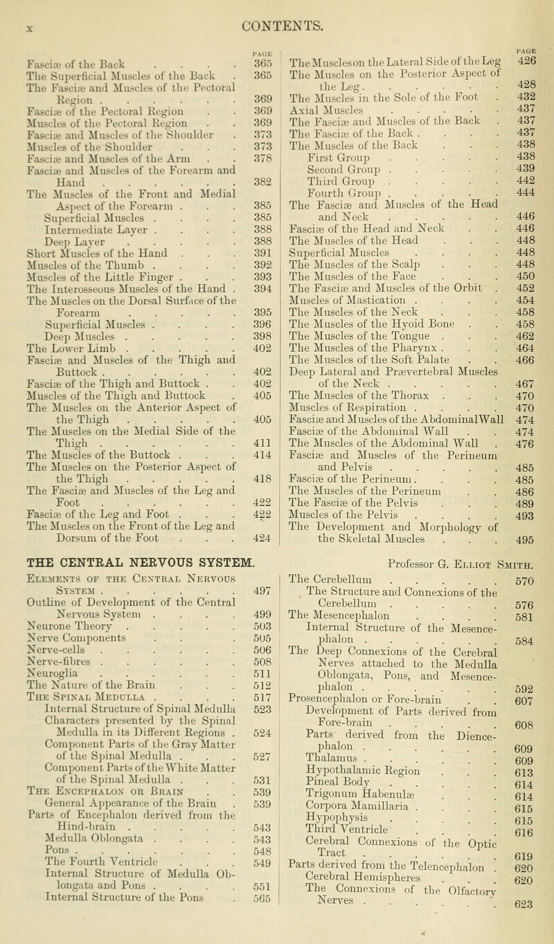 PAGE Fasciae of the Back .... 365 The Superficial Muscles of the Back . 365 The Fasciae and Muscles of the Pectoral Region ...... 369 Fasciae of the Pectoral Region . ■ 369 Muscles of tlic Pectoral Eegion . . 369 Fasciae and Muscles of the Shoulder . 373 Muscles of the Shoulder . . .373 Fasciae and Muscles of the Arm . . 378 [ Fascia3 and Muscles of the Forearm and Hand .... .382 The Muscles of the Front and Medial Aspect of the Forearm . . . 385 Superficial Muscles .... 385 Intermediate Layer .... 388 Deep Layer 388 Short Muscles of the Hand . . .391 Muscles of the Thumb .... 392 Muscles of the Little Finger . . . 393 The Interosseous Muscles of the Hand . 394 The Muscles on the Dorsal Surface of the Forearm 395 Superficial Muscles .... 396 Deep Muscles 398 The Lower Limb 402 Fascise and Muscles of the Thigh and Buttock 402 Fascia? of the Thigh and Buttock . . 402 Muscles of the Thigh and Buttock . 405 The Muscles on the Anterior Aspect of the Thigh . . . . .405 The Muscles on the Medial Side of the Thigh 411 The Muscles of the Buttock . . . 414 The Muscles on the Posterior Aspect of the Thigh 418 The Fasciae and Muscles of the Leg and Foot 422 Fasciae of the Leg and Foot . . . 422 The Muscles on the Front of the Leg and Dorsum of the Foot . . . 424 THE CENTRAL NERVOUS SYSTEM. Elements op the Central Nervous System 497 Outline of Development of the Central Nervous System .... 499 Neurone Theory 503 Nerve Components . . . 505 Nerve-cells 506 Nerve-fibres ...... 508 Neuroglia 511 The Nature of the Brain . . . 512 The Spinal Medulla .... 517 Internal Structure of Spinal Medulla 523 Characters presented by the Spinal Medulla in its Different Regions . 524 Component Parts of the Gray Matter of the Spinal Medulla . . . 527 Component Parts of the White Matter of the Spinal Medulla . . . 531 The Encephalon or Brain . . 539 General Appearance of the Brain . 539 Parts of Encephalon derived from the Hind-brain 543 Medulla Oblongata .... 543 Pons 548 The Fourth Ventricle . . . 549 Internal Structure of Medulla Ob- longata and Pons . . . .551 Internal Structure of the Pons . 565 PAGE The Muscleson the Lateral Side of the Leg 426 The Muscles on the Posterior Aspect of 1 he Leg 428 The Muscles in the Sole of the Foot . 432 Axial Muscles 437 The Fascia? and Muscles of the Back . 437 The Fasciae of the Back .... 437 The Muscles of the Back . . . 438 First Group 438 Second Group ..... 439 Third Group 442 Fourth Group 444 The Fasciae and Muscles of the Head and Neck 446 Fascia? of the Head and Neck . . 446 The Muscles of the Head . . .448 Superficial Muscles .... 448 The Muscles of the Scalp . . .448 The Muscles of the Face . . .450 The Fasciae and Muscles of the Orbit . 452 Muscles of Mastication .... 454 The Muscles of the Neck . . .458 The Muscles of the Hyoid Bone . . 458 The Muscles of the Tongue . . . 462 The Muscles of the Pharynx . . . 464 The Muscles of the Soft Palate . . 466 Deep Lateral and Praevertebral Muscles of the Neck 467 The Muscles of the Thorax . .. . 470 Muscles of Respiration .... 470 Fasciae and Muscles of the AbdominalWall 474 Fascia? of the Abdominal Wall . . 474 The Muscles of the Abdominal Wall . 476 Fascia? and Muscles of the Perineum and Pelvis 485 Fascia? of the Perineum.... 485 The Muscles of the Perineum . . 486 The Fascia? of the Pelvis . . . 489 Muscles of the Pelvis .... 493 The Development and Morphology of the Skeletal Muscles . . . 495 Professor G. Elliot Smith. The Cerebellum , The Structure and Connexions of the Cerebellum The Mesencephalon . . . . Internal Structure of the Mesence- phalon The Deep Connexions of the Cerebral Nerves attached to the Medulla Oblongata, Pons, and Mesence- phalon Prosencephalon or Fore-brain Development of Parts derived from Fore-brain .... Parts derived from the Dience phalon Thalamus Hypothalamic Region Pineal Body .... Trigonum Habenula? Corpora Mamillaria . Hypophysis Third Ventricle ... Cerebral Connexions of the Optic Tract l Parts derived from the Telencephalon Cerebral Hemispheres The Connexions of the Olfactory Nerves . 570 576 581 584 592 607 609 609 613 614 614 615 615 616 619 620 620 623
