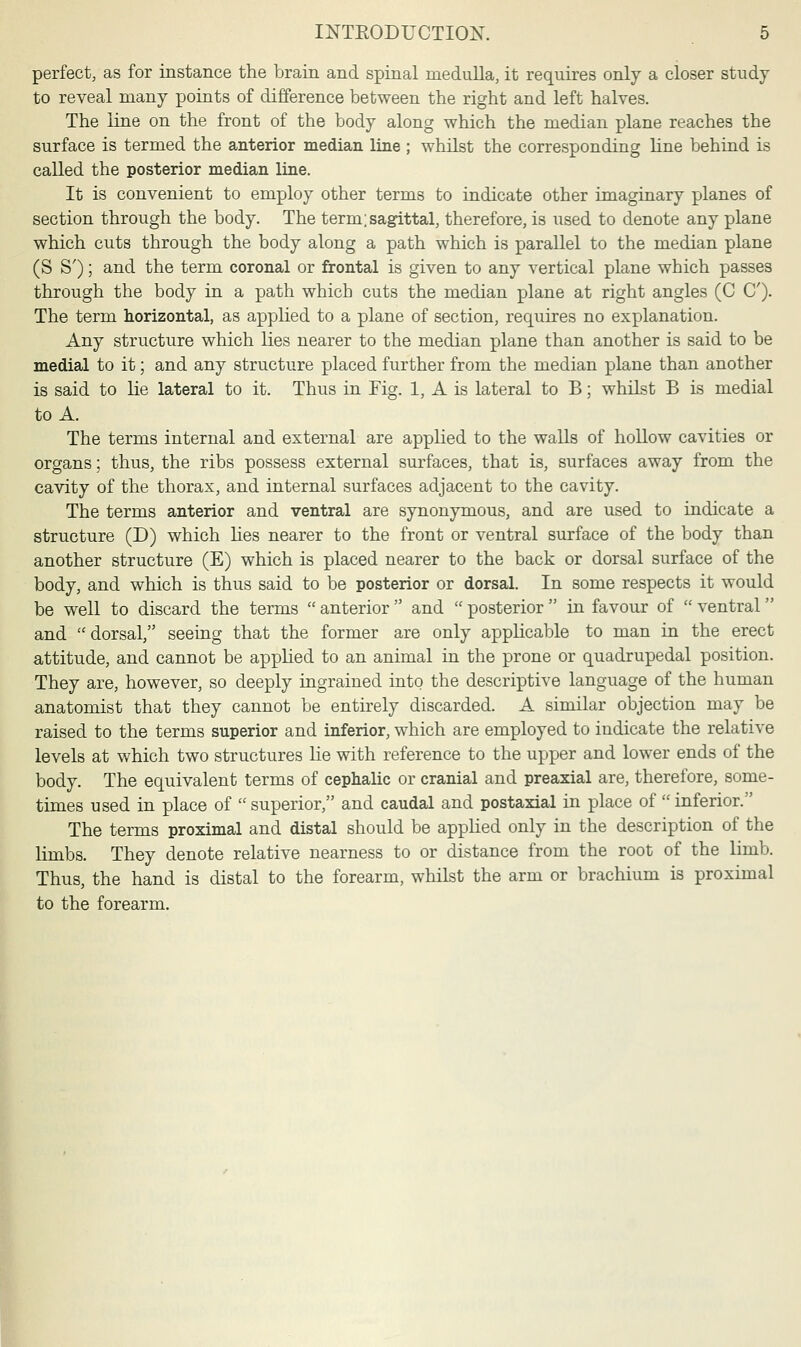 perfect, as for instance the brain and spinal medulla, it requires only a closer study to reveal many points of difference between the right and left halves. The line on the front of the body along which the median plane reaches the surface is termed the anterior median line ; whilst the corresponding line behind is called the posterior median line. It is convenient to employ other terms to indicate other imaginary planes of section through the body. The term;sagittal, therefore, is used to denote any plane which cuts through the body along a path which is parallel to the median plane (S S'); and the term coronal or frontal is given to any vertical plane which passes through the body in a path which cuts the median plane at right angles (C C). The term horizontal, as applied to a plane of section, requires no explanation. Any structure which lies nearer to the median plane than another is said to be medial to it; and any structure placed further from the median plane than another is said to lie lateral to it. Thus in Fig. 1, A is lateral to B; whilst B is medial to A. The terms internal and external are applied to the walls of hollow cavities or organs; thus, the ribs possess external surfaces, that is, surfaces away from the cavity of the thorax, and internal surfaces adjacent to the cavity. The terms anterior and ventral are synonymous, and are used to indicate a structure (D) which lies nearer to the front or ventral surface of the body than another structure (E) which is placed nearer to the back or dorsal surface of the body, and which is thus said to be posterior or dorsal. In some respects it would be well to discard the terms  anterior  and  posterior  in favour of  ventral and dorsal, seeing that the former are only applicable to man in the erect attitude, and cannot be applied to an animal in the prone or quadrupedal position. They are, however, so deeply ingrained into the descriptive language of the human anatomist that they cannot be entirely discarded. A similar objection may be raised to the terms superior and inferior, which are employed to indicate the relative levels at which two structures lie with reference to the upper and lower ends of the body. The equivalent terms of cephalic or cranial and preaxial are, therefore, some- times used in place of  superior, and caudal and postaxial in place of  inferior. The terms proximal and distal should be applied only in the description of the limbs. They denote relative nearness to or distance from the root of the limb. Thus, the hand is distal to the forearm, whilst the arm or brachium is proximal to the forearm.